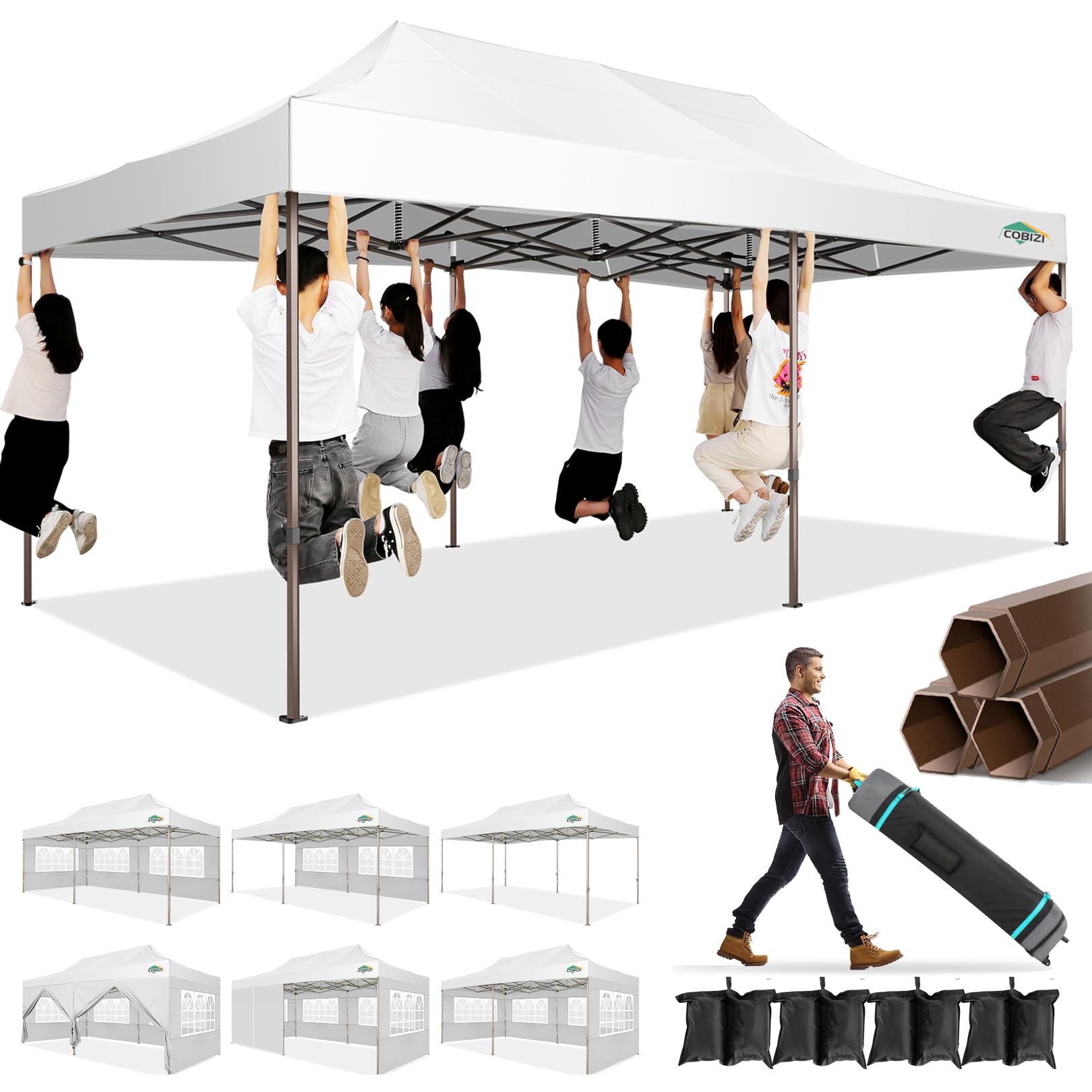 COBIZI 10x20 Heavy Duty Pop Up Canopy Tent with 6 Removable Sidewalls - Waterproof & UV 50+ Protection - Commercial Grade Party Tent for Weddings, Events, Outdoor Markets - Includes Upgraded Legs & Roller Bag - Perfect for Backyard BBQs, Beach Parties, and Farmers Markets