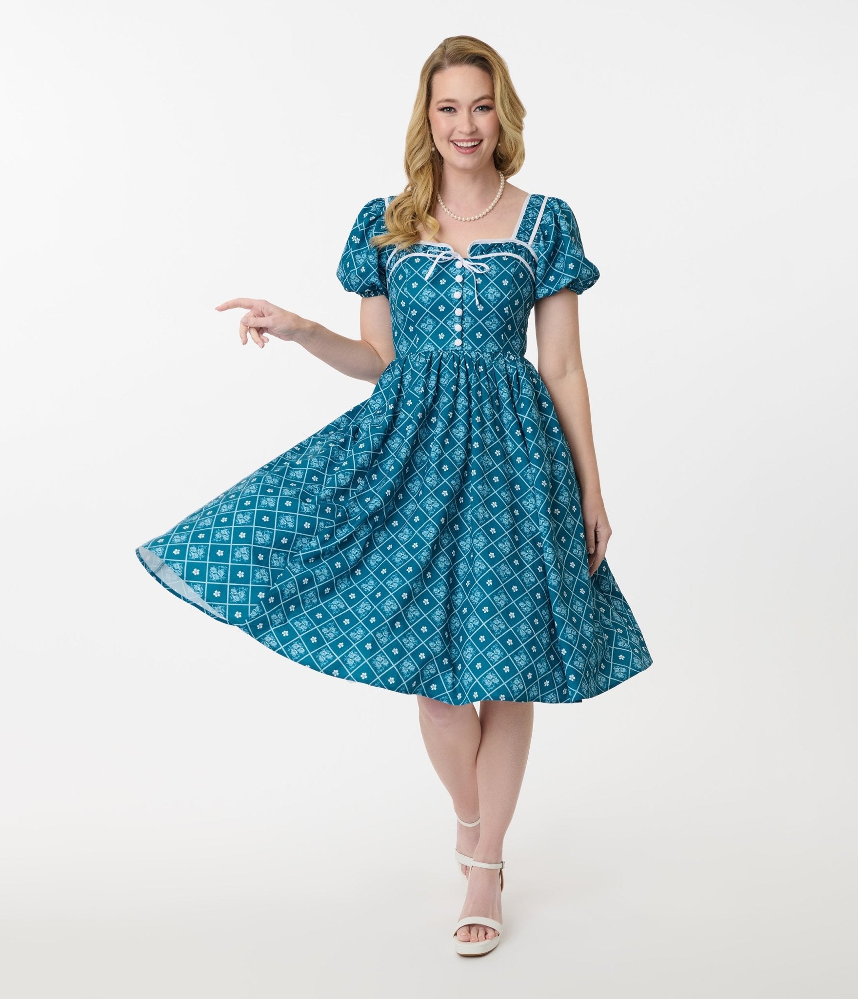 Vintage Blue French Country Diamond Button Front Dress - Elegant Floral Print Midi Dress for Women, Perfect for Weddings, Tea Parties & Spring Occasions