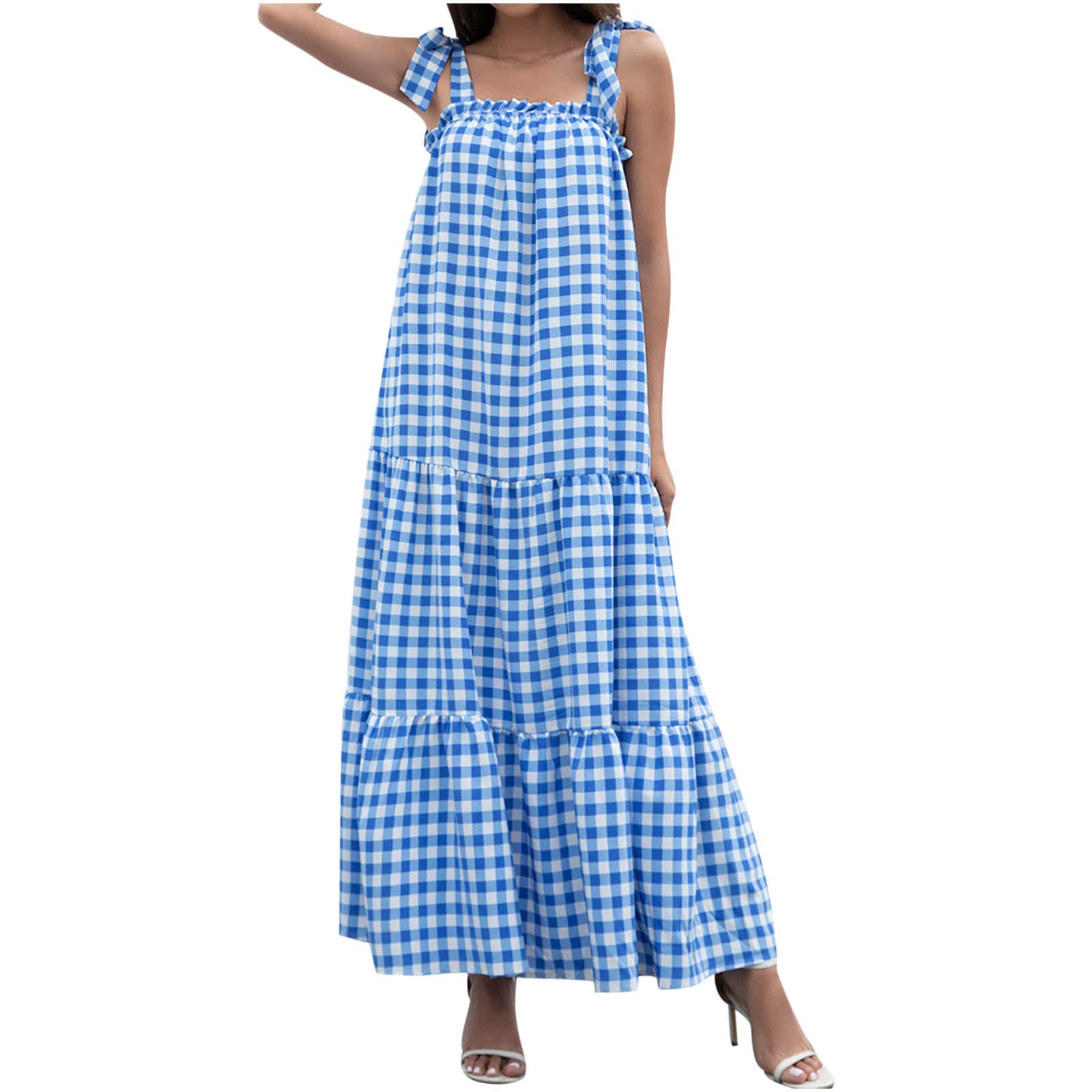Women's Plaid Sleeveless Smocked Beach Dress - Flowy Tiered Gingham Midi Dress with Adjustable Straps for Summer Vacation, Pool Party & Casual Outings