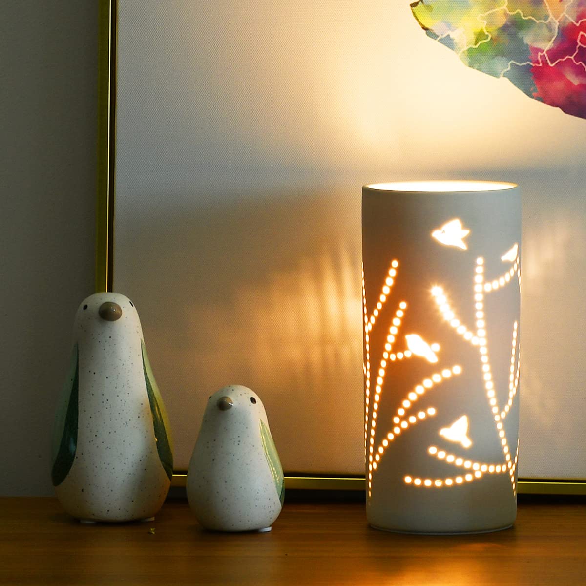 Modern White Ceramic Table Lamp - Carving Tree Design, 3.54