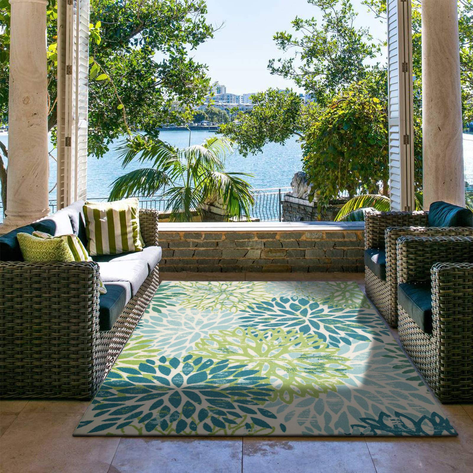 DECOMALL 8'x10' Outdoor Rugs for Deck, Backyard, Patio - Waterproof & UV Resistant Large Carpet with Green Blue Floral Design - Perfect for Garden, Poolside, and Outdoor Entertaining Areas