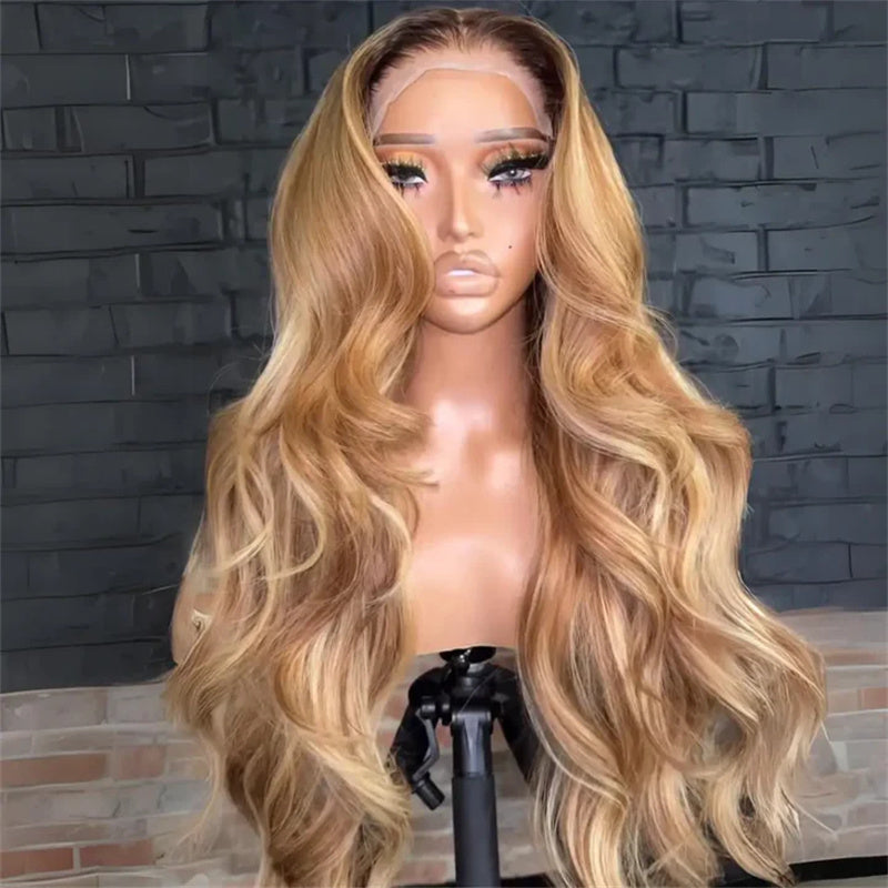 Eullair Honey Blonde Highlight Body Wave Human Hair Wig with Dark Roots - Glueless Lace Frontal Wig for Women | Perfect for Daily Wear, Cosplay, and Special Occasions