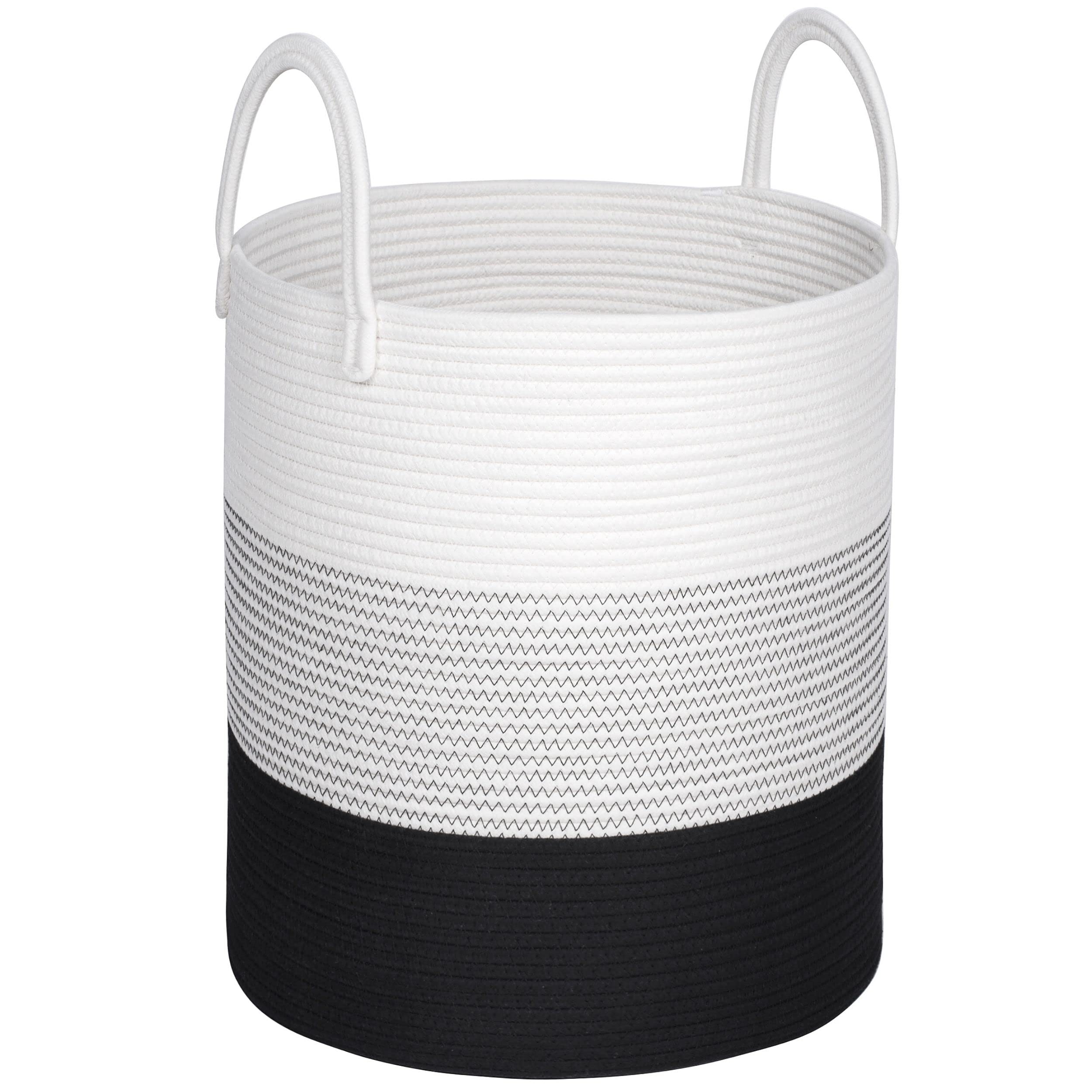 MINTWOOD Large 18x16 Inch Woven Cotton Rope Storage Basket - Decorative Laundry Hamper, Blanket & Toy Organizer for Living Room, Bedroom, Nursery | Holds Towels, Throws, Pillows (Black Stitch) - Perfect for Home Organization & Stylish Storage Solutions