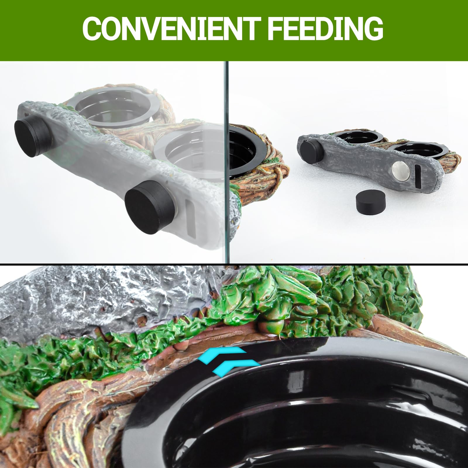 REPTI ZOO Magnetic Reptile Feeding Ledge - Gecko Feeder Ledge with 4 Cups, Hollow Vine Food Dish & Water Bowl for Bearded Dragon, Lizard, Snake - Terrarium Tank Accessories for Easy Feeding & Hydration in Reptile Habitats
