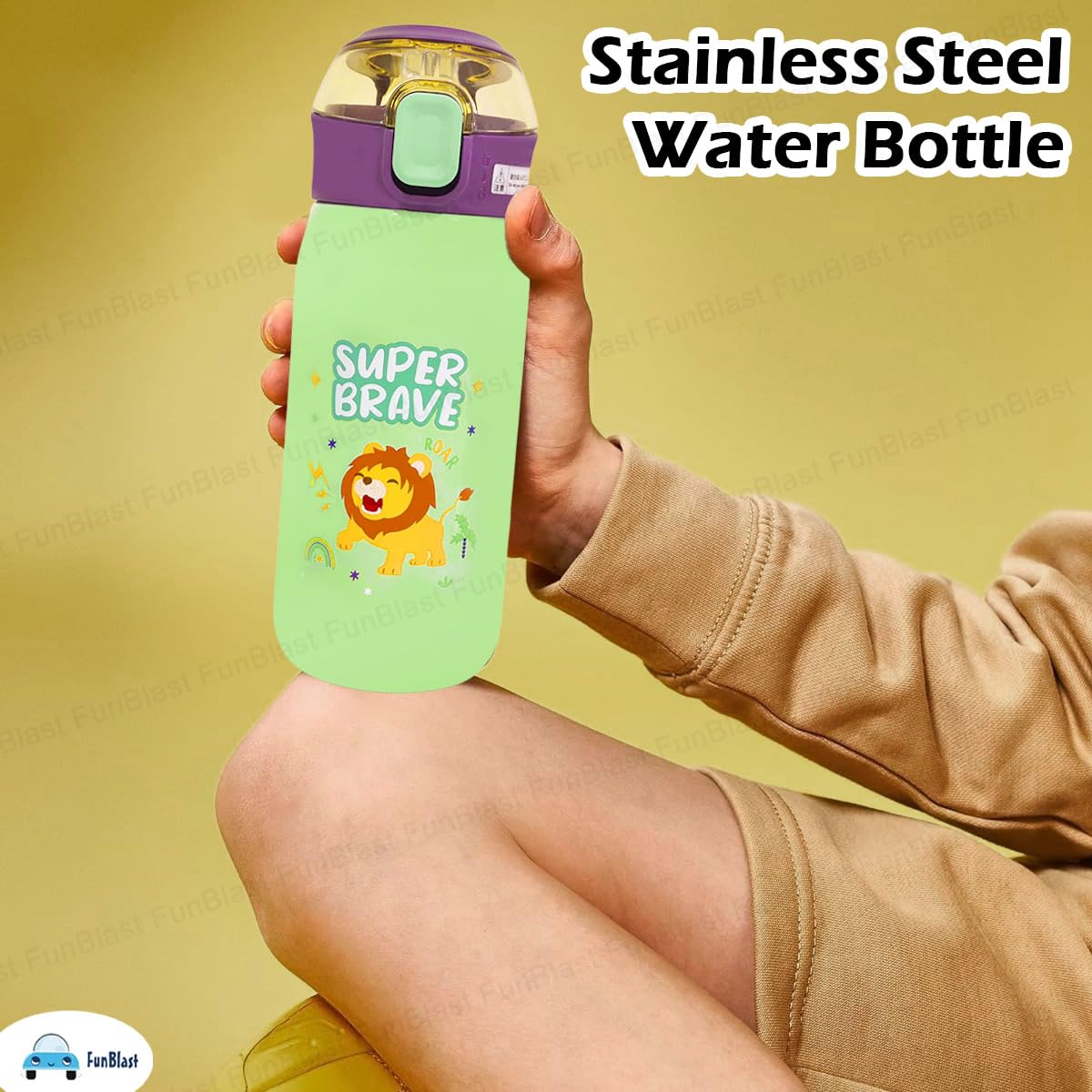 FunBlast Insulated Stainless Steel Water Bottle for Kids - 500ml Double Walled Vacuum Insulated SS-304 Water Bottle with Cartoon Design | Keeps Drinks Hot & Cold for 12+ Hours | Perfect for School, Sports, Travel & Outdoor Activities