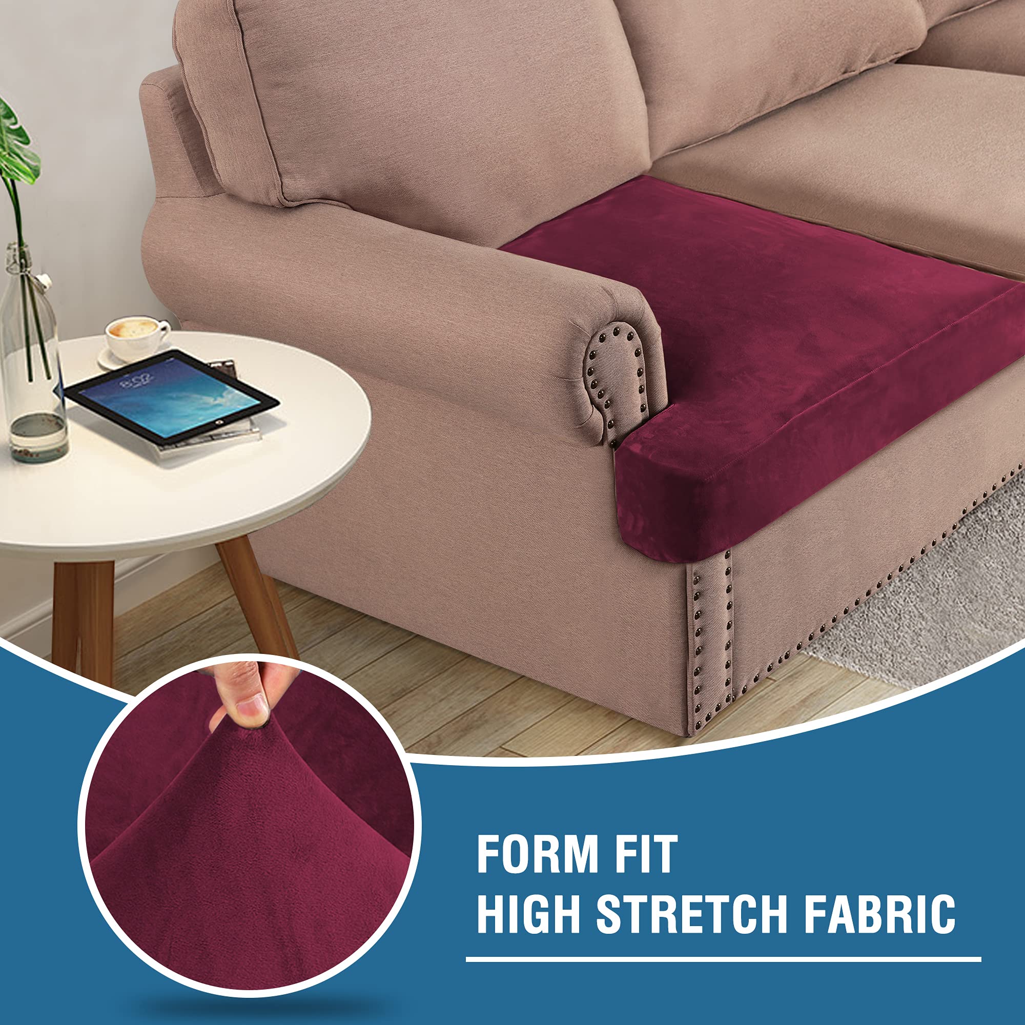 H.VERSAILTEX Stretch Velvet 3-Piece Sofa Slipcover Set - Soft T-Cushion Covers for 3-Seat Couch, Burgundy Red Velour Fabric with Non-Slip Design | Perfect for Living Room, Sectional Sofa & Home Decor