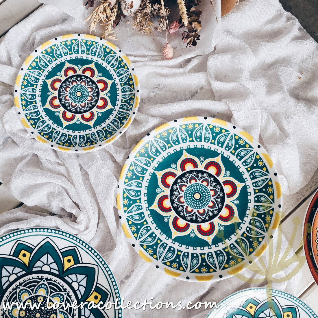 Mandala Green & White Salad Plate Set - Elegant Hand-Painted Ceramic Dinnerware for Home & Restaurant Use - Perfect for Salads, Appetizers, Desserts & Party Serving