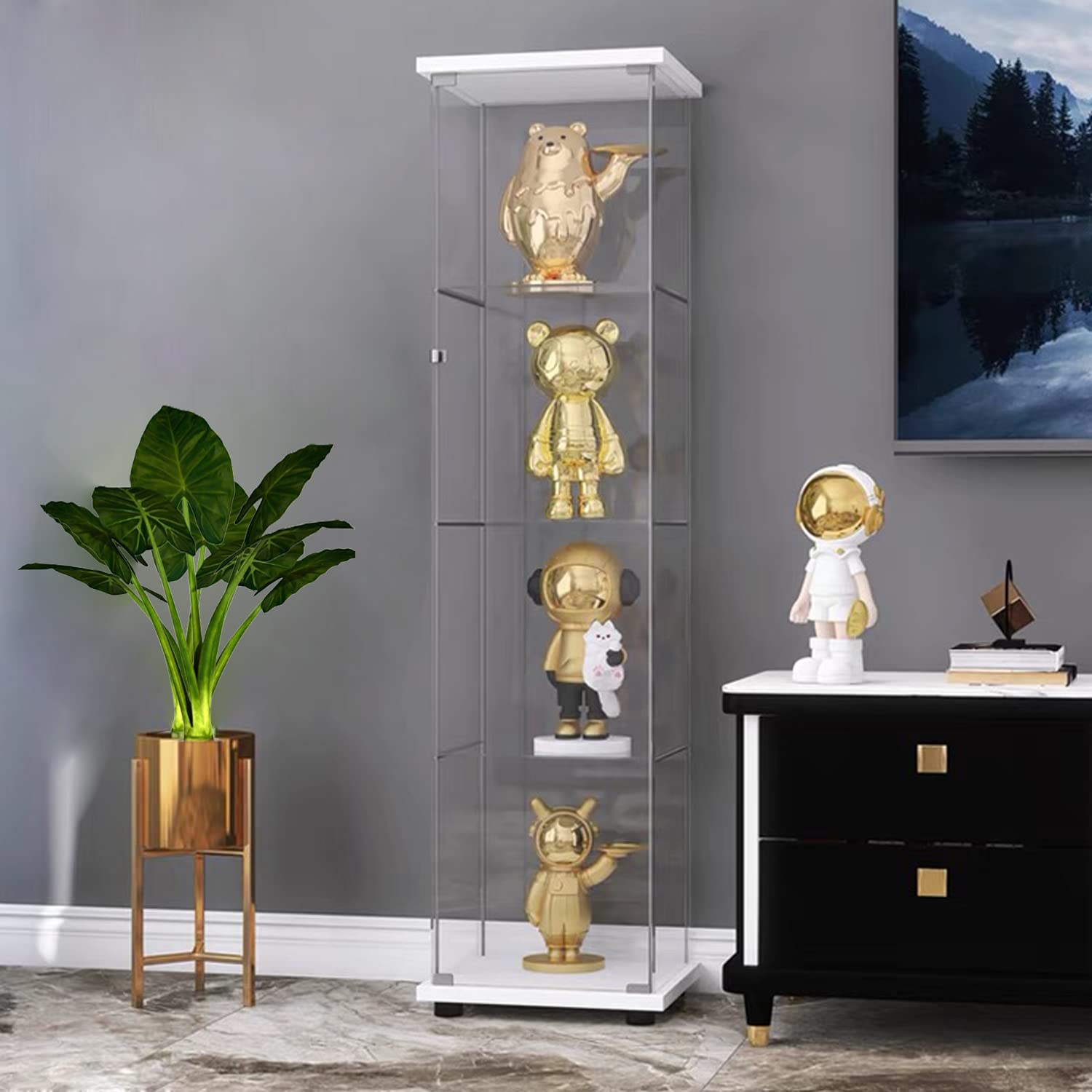 Modern 4-Tier Glass Display Cabinet with Clear Door - 5mm Tempered Glass Curio Cabinet for Collectibles & Decor - Floor Standing Showcase 17