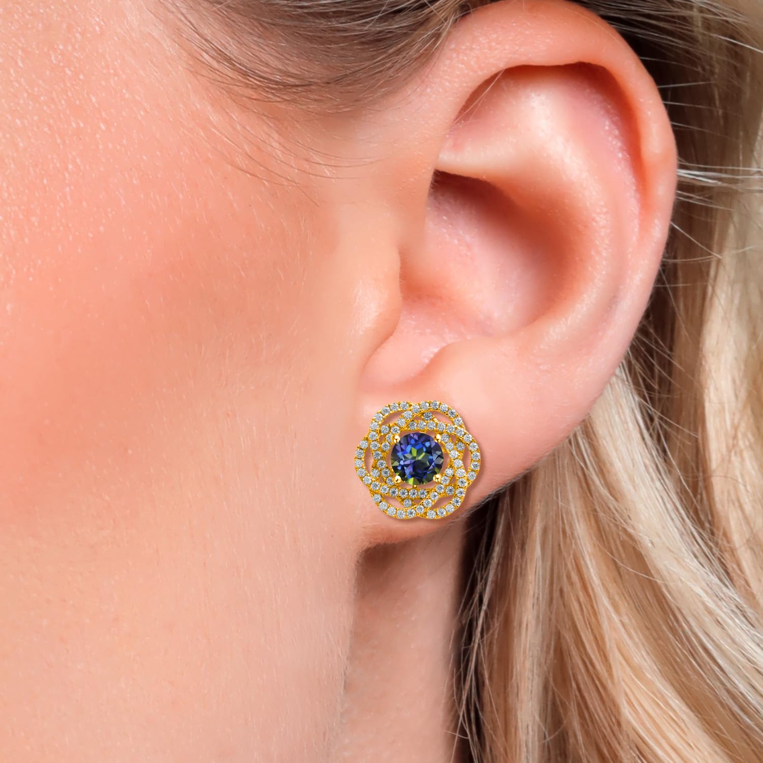 Gem Stone King 18K Gold Plated Sterling Silver 6MM Round Birthstone Stud Earrings with White Moissanite & Removable Jackets - Perfect Gift for Women, Birthday, Anniversary, Mother's Day & Everyday Wear