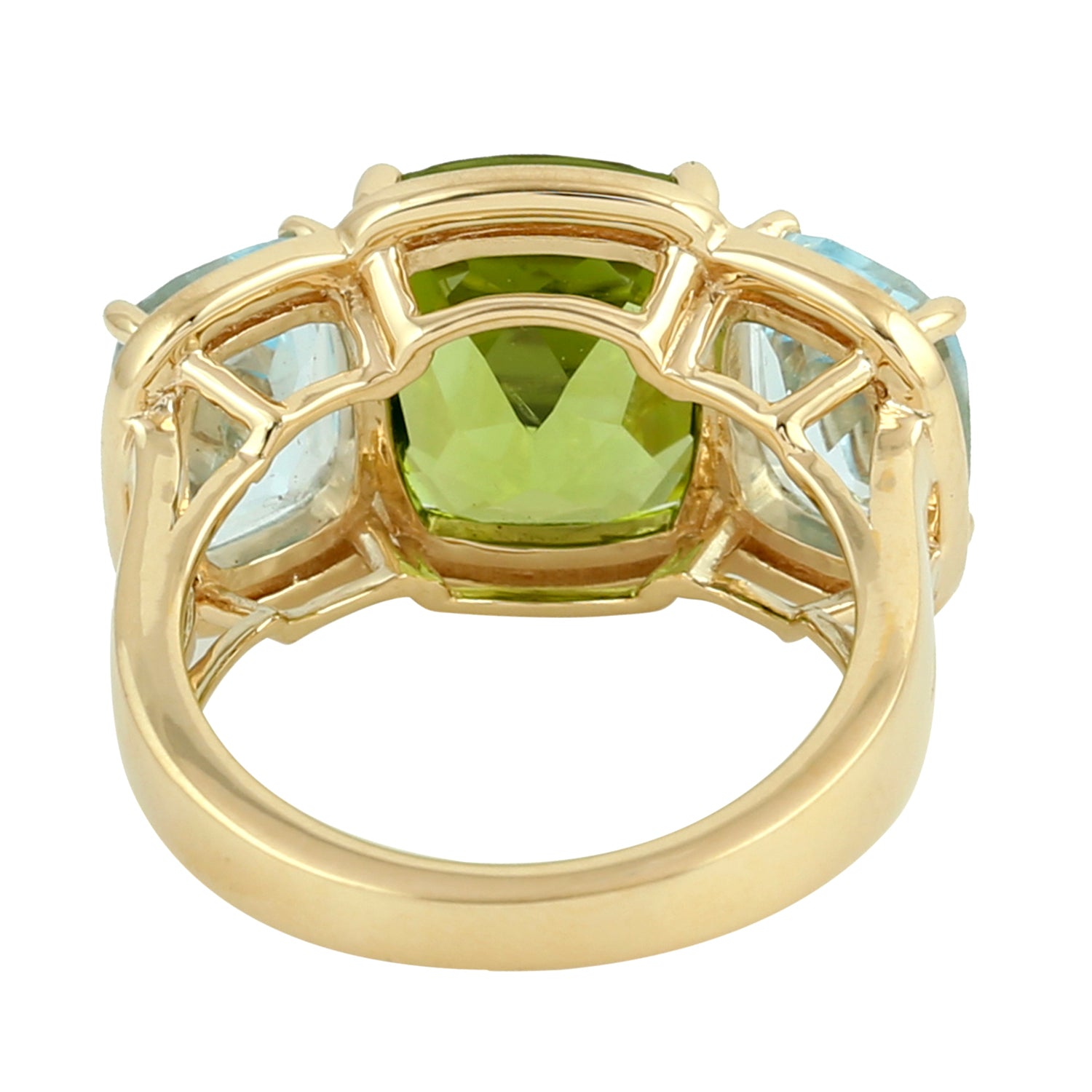 18K Yellow Gold Cushion Cut Peridot & Blue Topaz Three Stone Ring | Elegant Birthstone Jewelry for Women, Perfect for Anniversaries, Engagements & Special Occasions