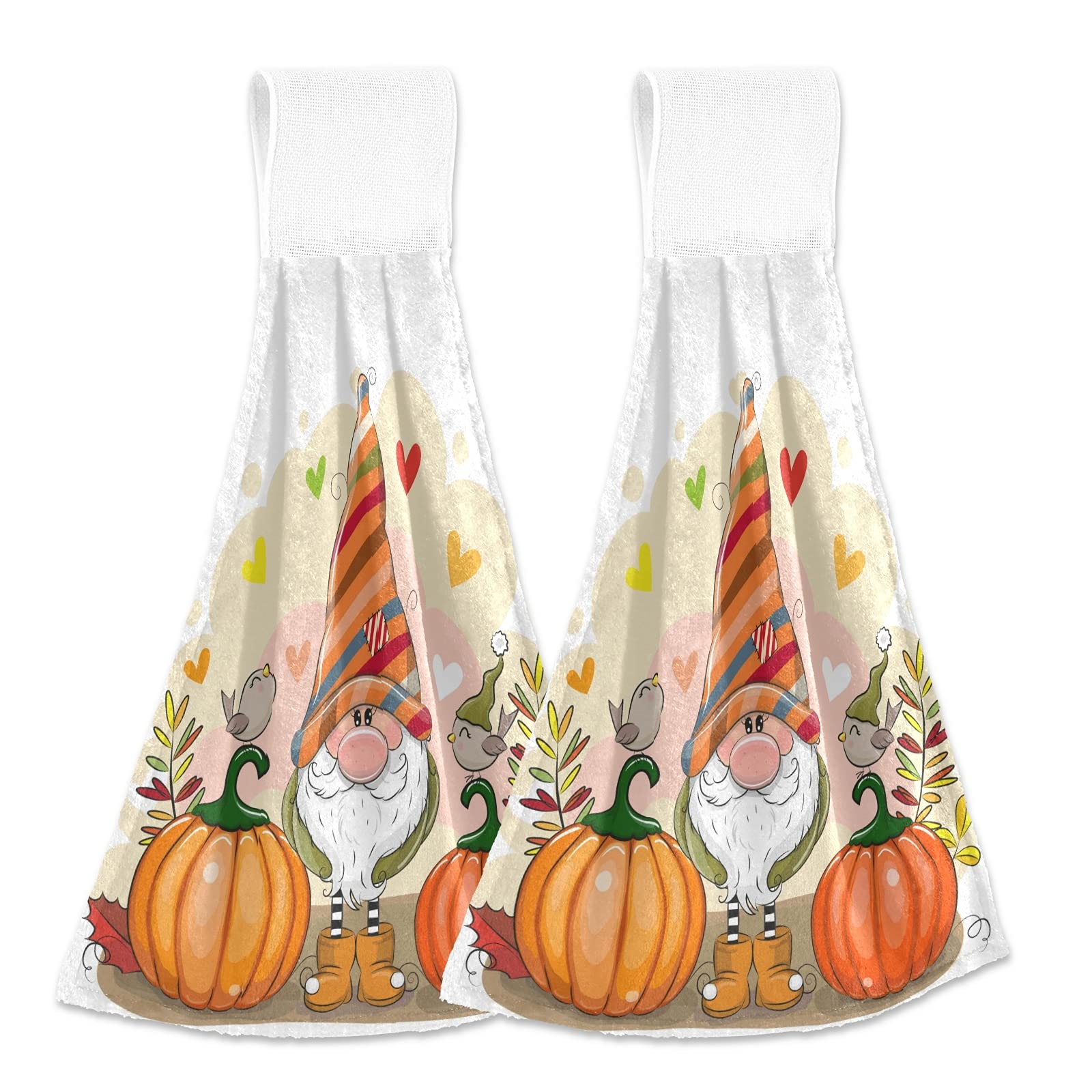 Autumn Gnome Pumpkins Hanging Kitchen Towel Set - 2 Pcs Fall Maple Leaf Tea Towels, Soft Absorbent Dish Cloths for Bathroom, Laundry & Kitchen Decor - Perfect for Holiday Home Decor, Thanksgiving Table Setting & Cozy Autumn Kitchen Accents