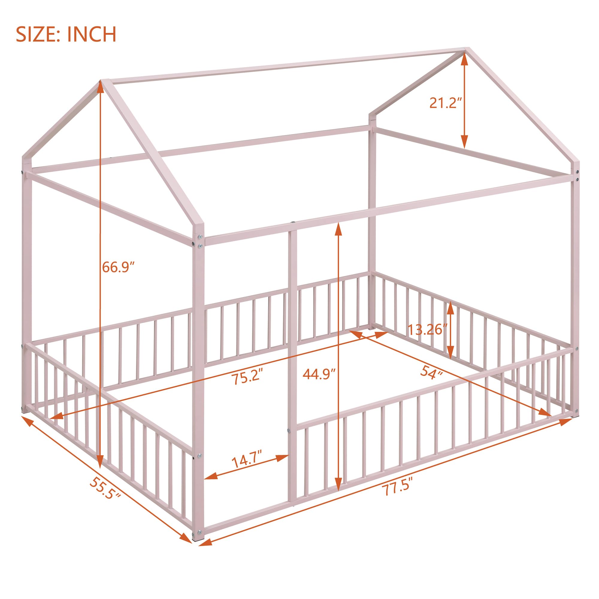 Montessori Floor Bed for Kids - Full Size House Bed with Safety Rails & Roof - Sturdy Metal Frame for Toddlers, Boys & Girls - Playhouse Design with Post Foot Pads - Perfect for Bedrooms, Playrooms & Montessori Learning Spaces
