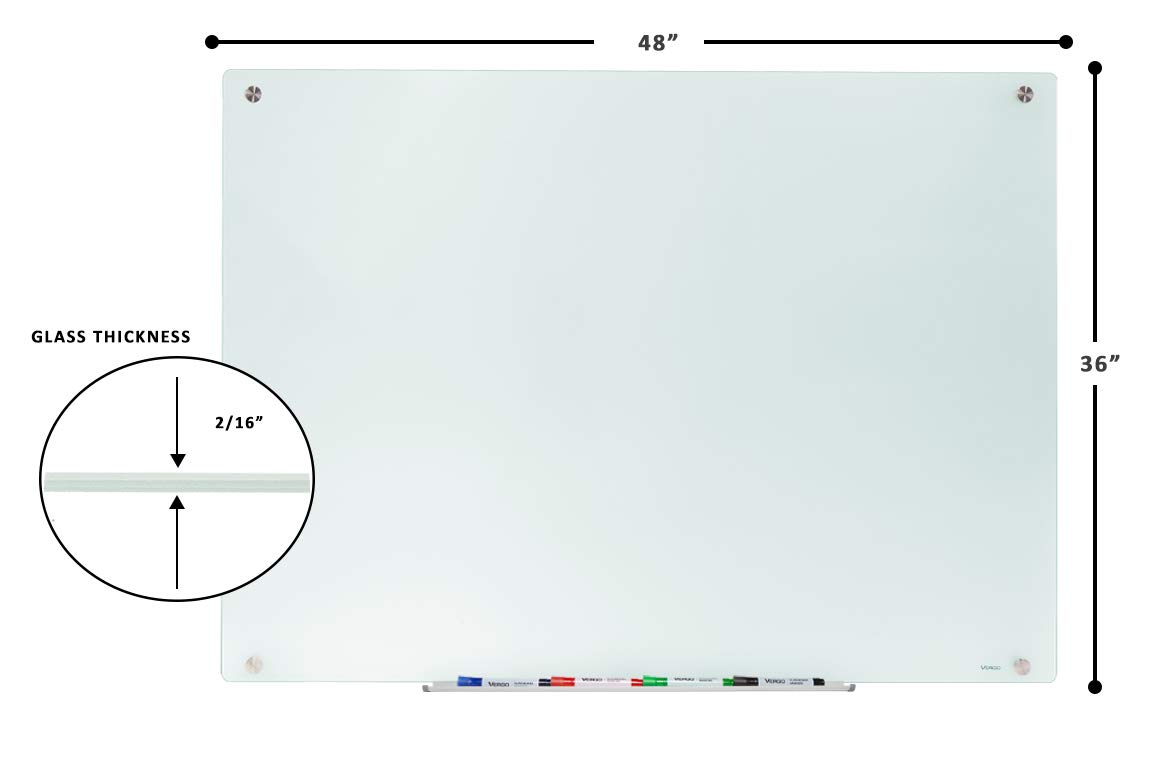Vergo 4' x 3' Frosted Glass Dry Erase Whiteboard - Wall Mounted Glass White Board for Office, Classroom & Home Use - Durable Frameless Design for Meetings & Presentations