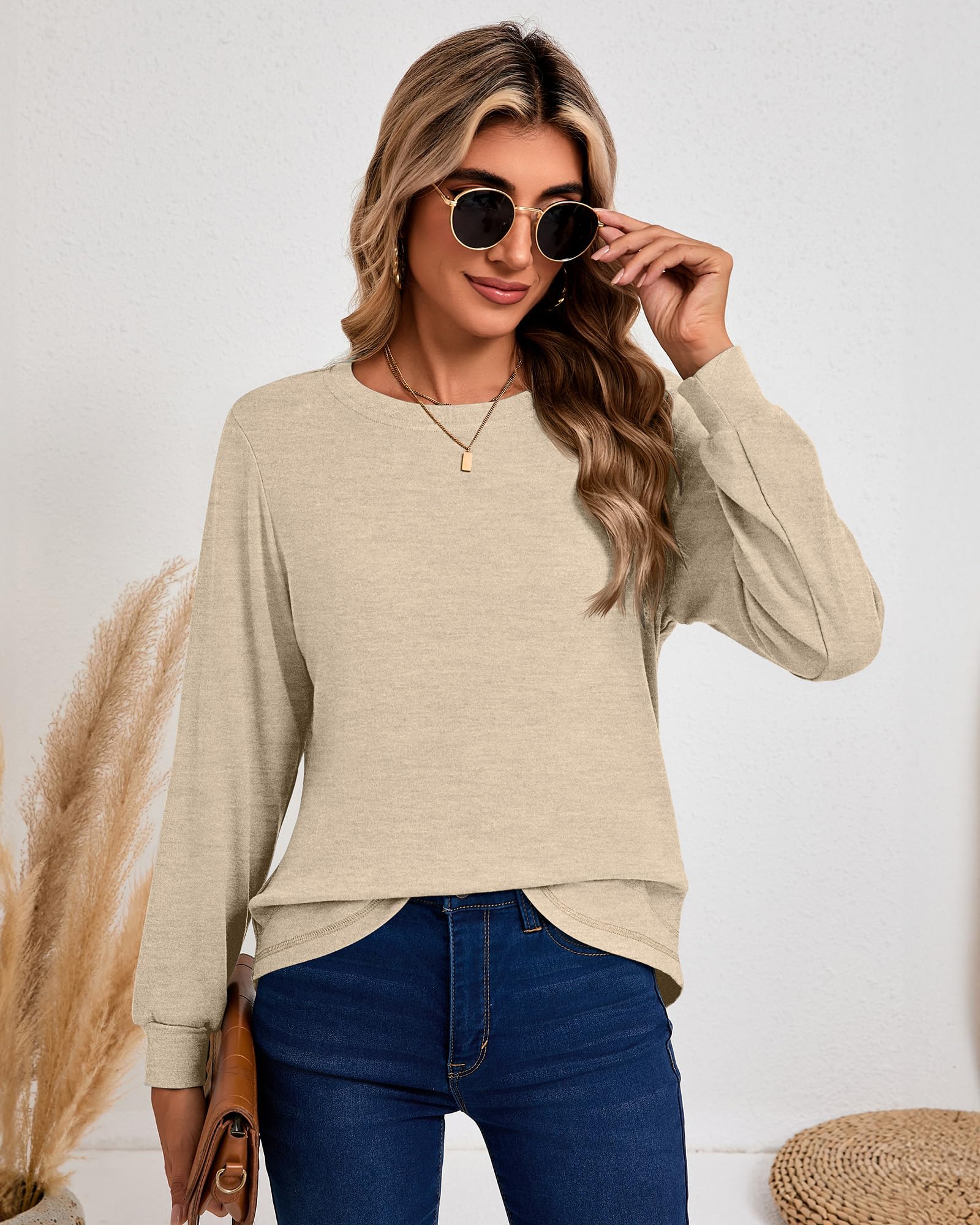Ficerd 3 Pack Women's Long Sleeve Casual Tops - Crew Neck Loose Fit Tunic Pullover with Curved Hem | Trendy 2025 Fall Fashion | Perfect for Work, Weekend Outfits & Layering