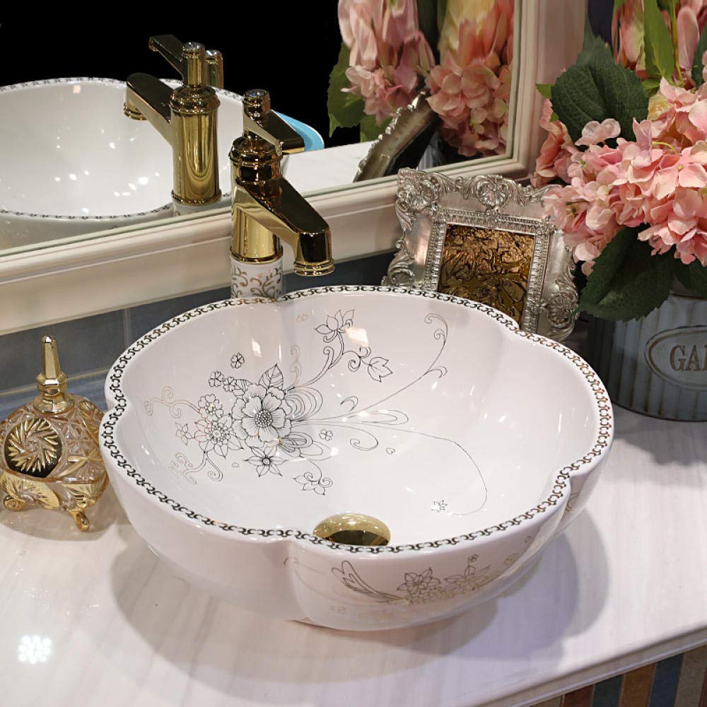 LEFEDA Handmade Ceramic Vessel Sink - Modern Countertop Bathroom Basin with Floral Design for Vanity, Powder Room & Guest Bathroom Decor