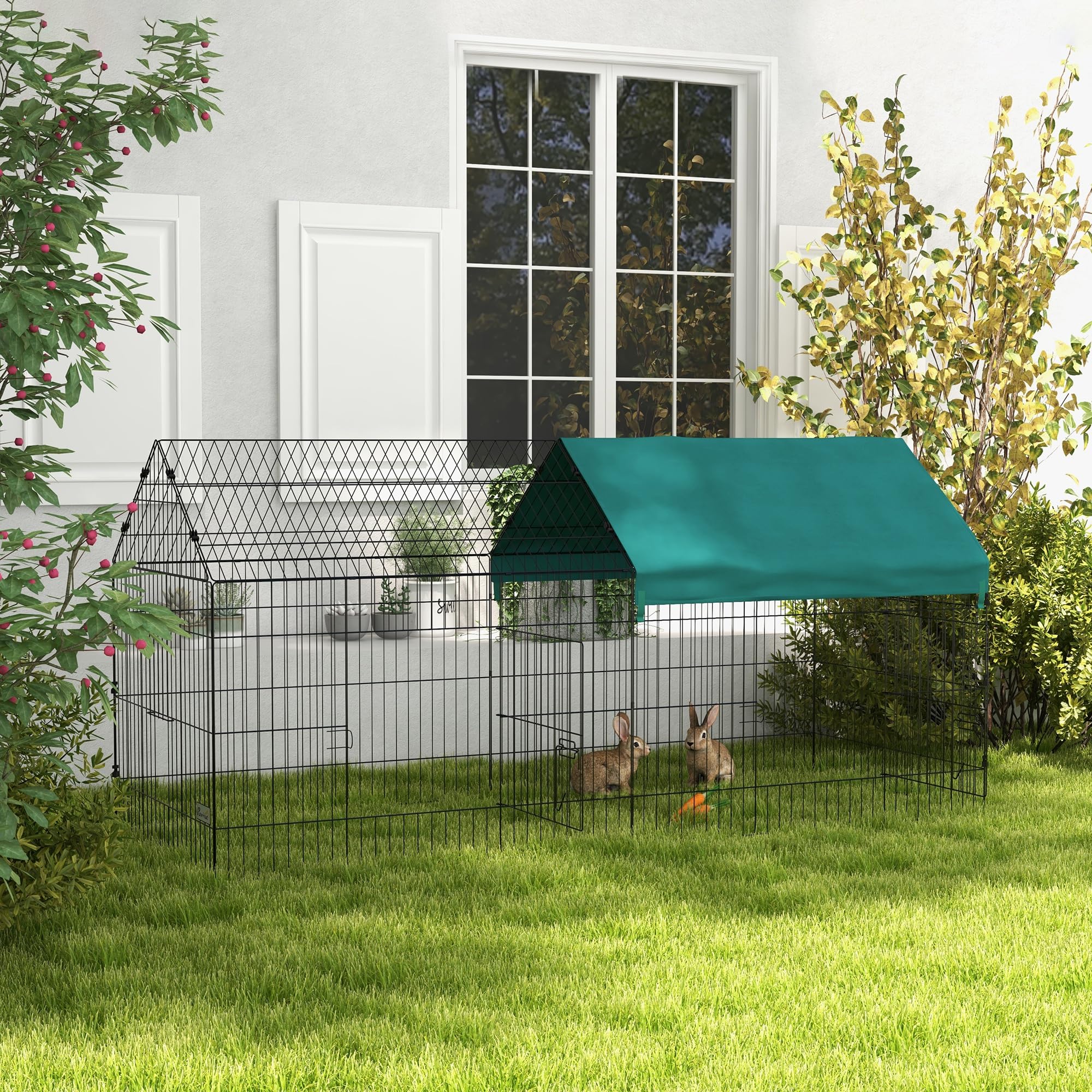 PawHut 87-Inch Small Animal Playpen with Doors - Outdoor/Indoor Catio Cage for Rabbits, Guinea Pigs, Chickens, Chinchillas, Cats, Quails & Ducks - Spire Roof Design in Green - Perfect for Backyard, Patio or Indoor Pet Play Areas