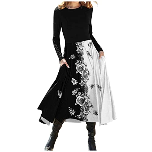 Elegant Fall Dresses for Women - Casual Long Sleeve O-Neck Printed Loose T-Shirt Dress with Pockets (Black, XL) | Perfect for Parties, Office Wear & Autumn Outings