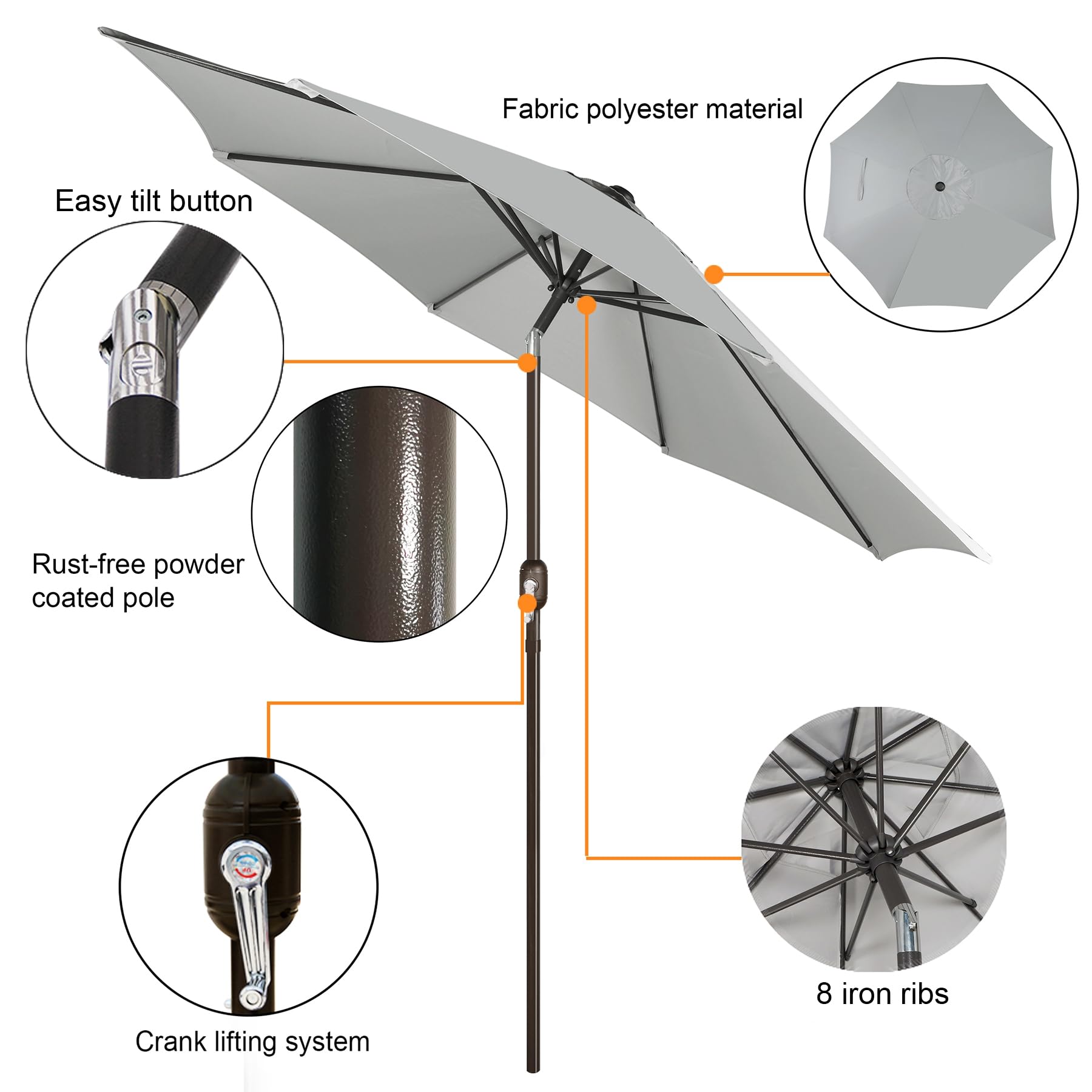 Blissun 9-Foot Outdoor Patio Umbrella with 8 Sturdy Ribs - Push Button Tilt & Crank - Heavy Duty Market Umbrella for Backyard, Poolside, Restaurant, and Outdoor Dining