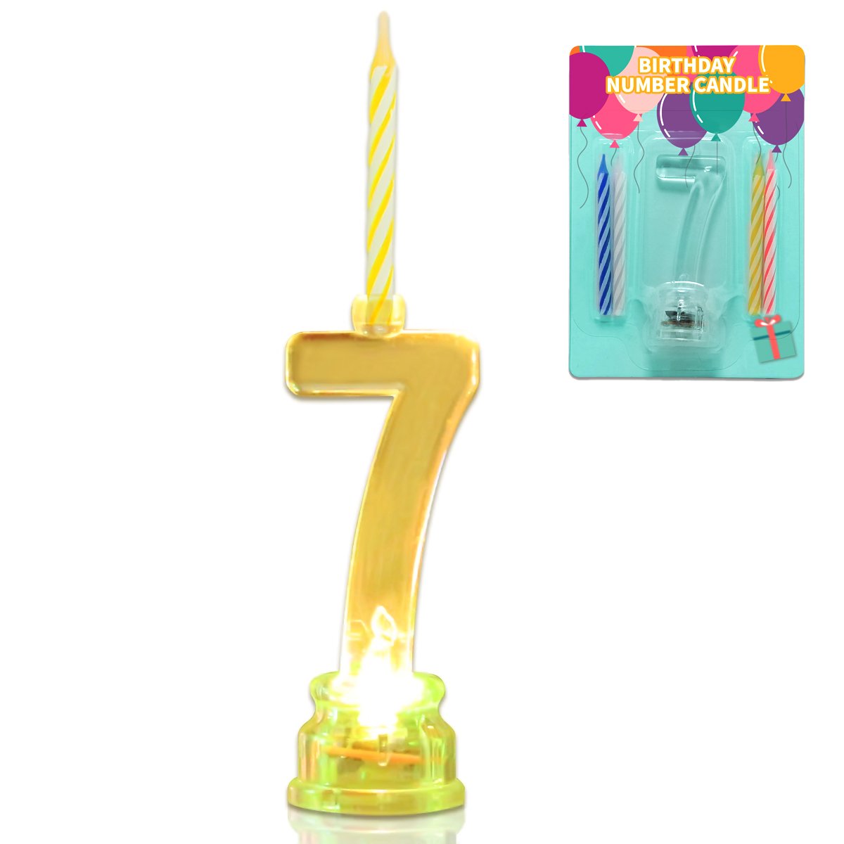 Flashing Multicolor Changing LED Birthday Cake Topper with 4 Wax Candles - Novelty Number 7 Candle Set for Birthday Party Decorations & Celebration