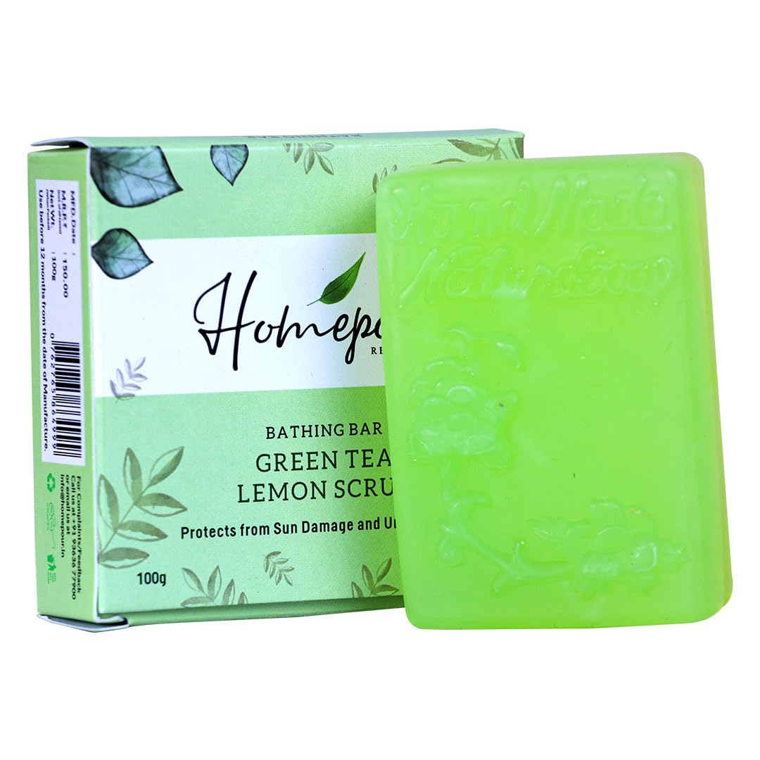 Green Tea & Lemon Handmade Scrub Soap - Natural Exfoliating & Pore Cleansing, Sun Protection, 100g - Perfect for Daily Skincare & Spa Day at Home