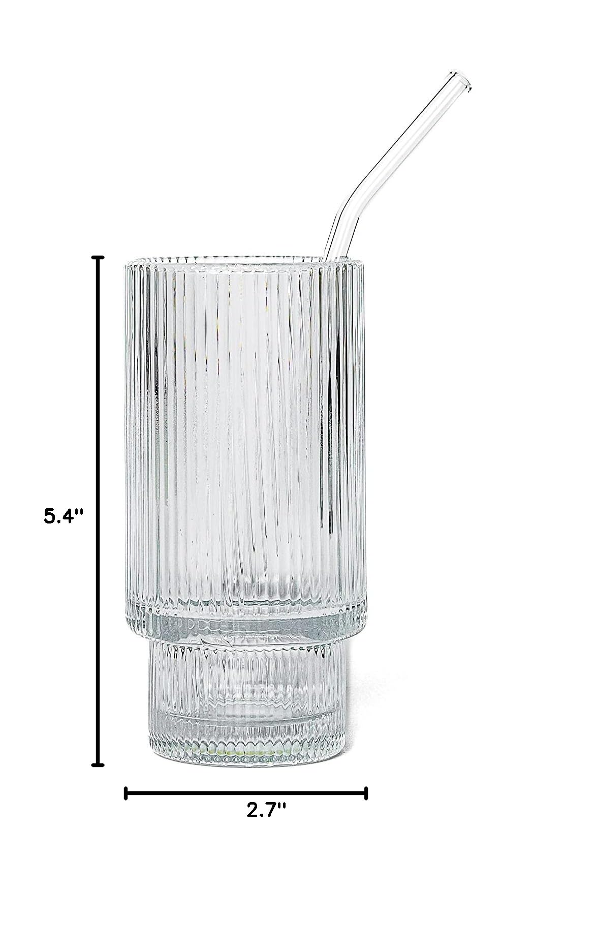 Premium 4-Piece Ribbed Glass Drinking Set with Glass Straws & Cleaner - Iced Coffee & Cocktail Tumblers - Perfect Housewarming Gift for New Home - Ideal for Parties, Daily Use & Home Decor
