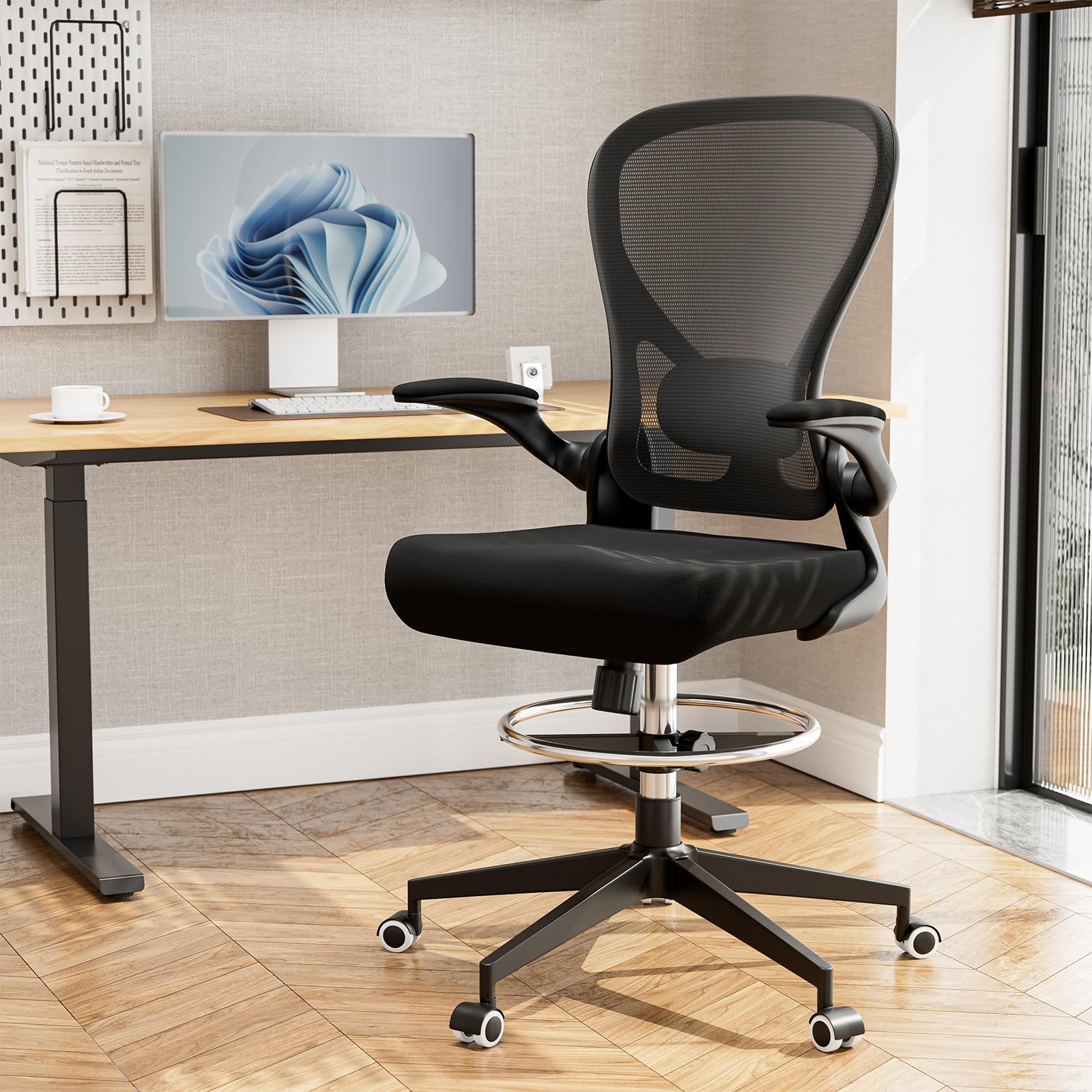 Ergonomic Adjustable Height Drafting Chair for Standing Desk - Tall Office Chair with Lumbar Support & Breathable Mesh Back - Supports Up to 450 lbs - Perfect for Home Office, Studio & Workspaces