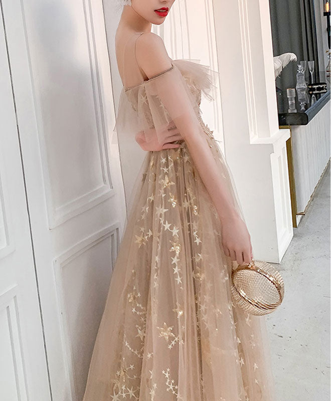 Elegant Champagne Round Neck Tulle Lace Long Prom Dress - Formal Evening Gown for Homecoming, Wedding, Ball & Special Occasions