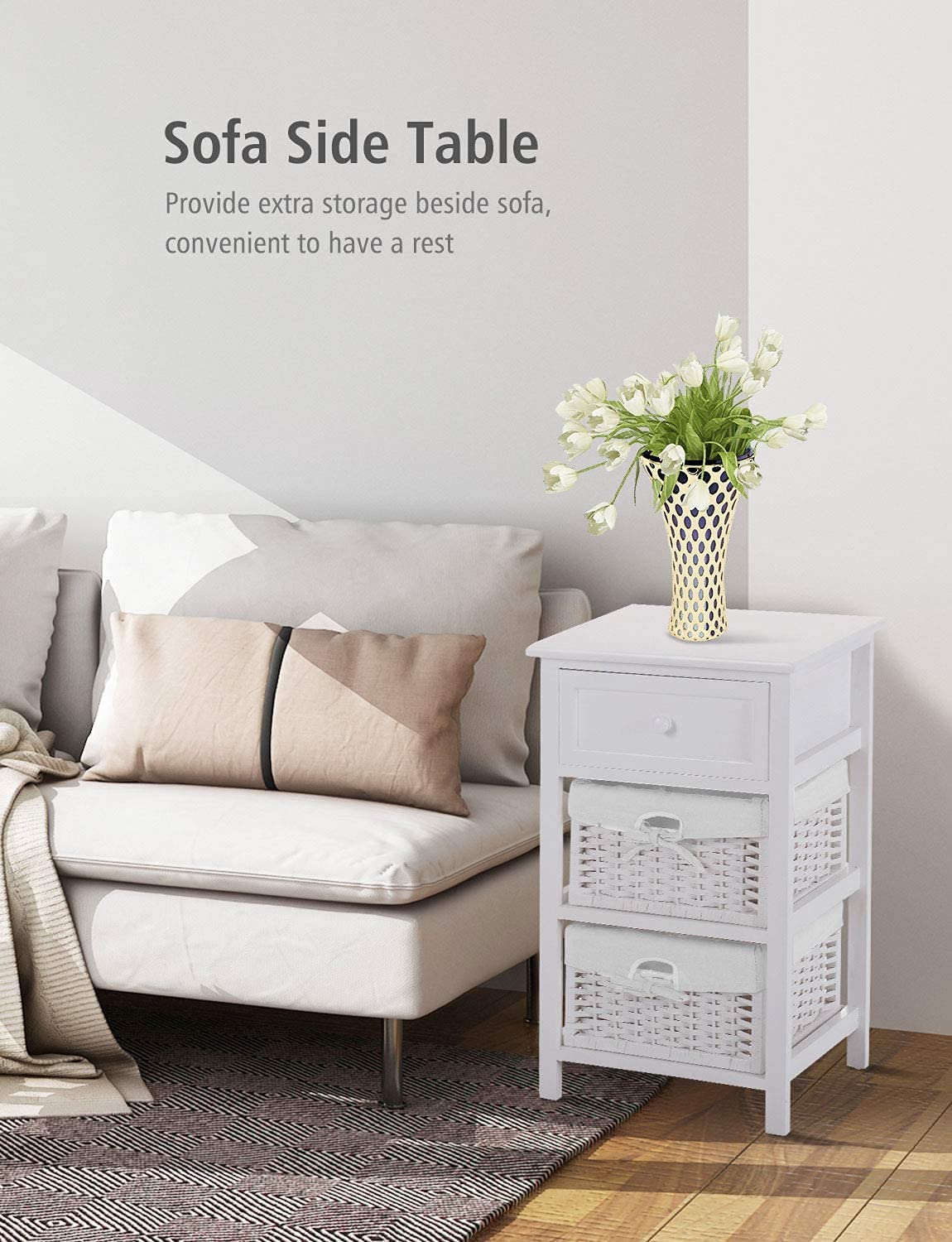 2-Tier Wooden Nightstand Set of 2 with Drawer & Storage Baskets - White Bedside Table for Small Spaces, Bedroom, Living Room | Compact End Table for Apartment, Dorm, Guest Room