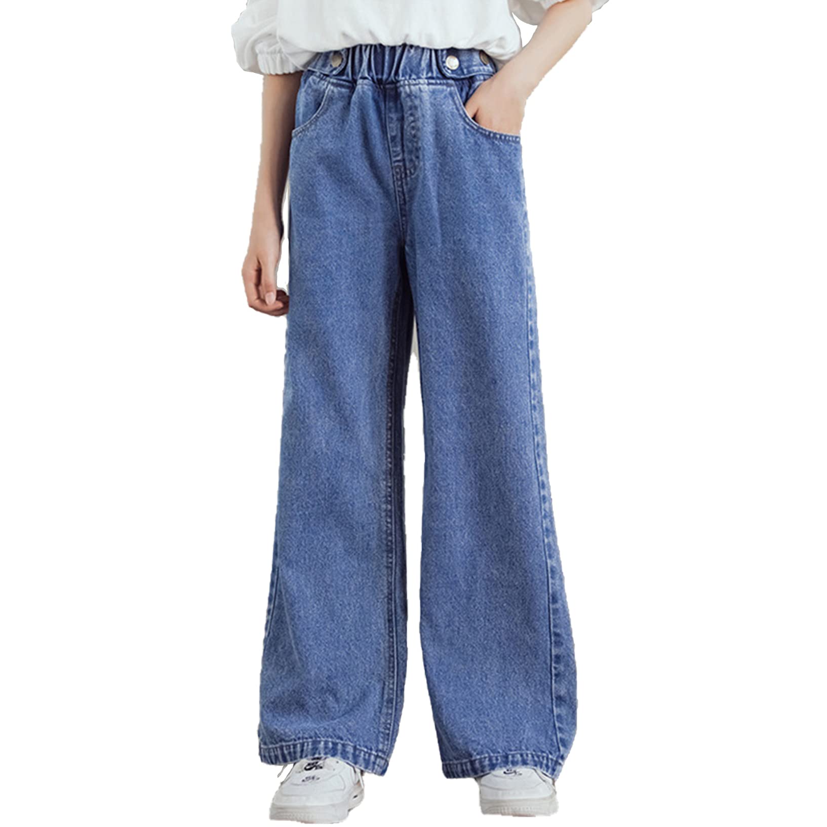 Oyolan Girls Distressed Jeans - Elastic Waist Wide Leg Pants for Kids 9-10 Years | Play & School Wear