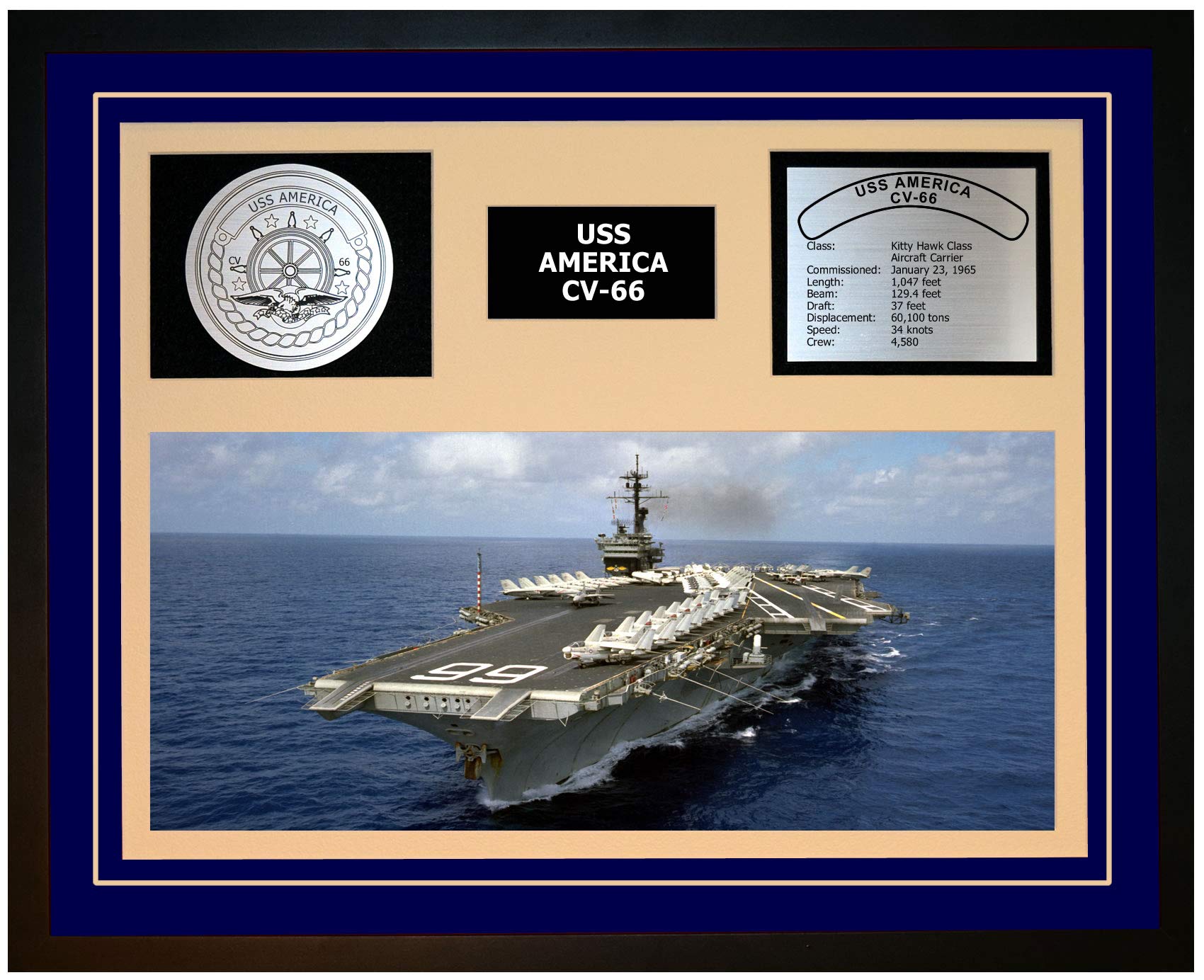 USS America CV-66 Navy Ship Model Display - Blue Framed Military Collectible for Home & Office Decor | Perfect Gift for Veterans & Navy Enthusiasts