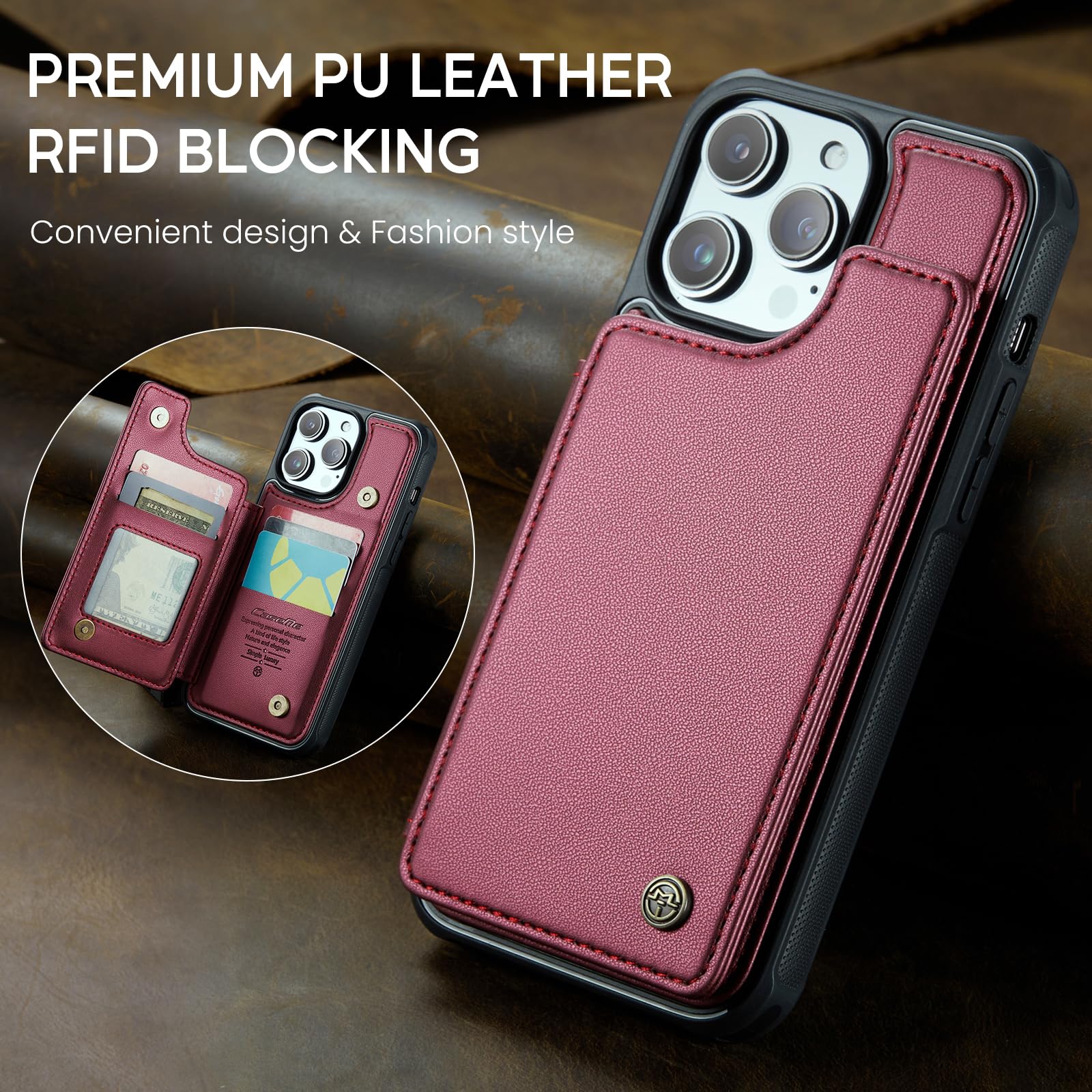 Premium PU Leather Wallet Case for iPhone 15 Pro Max - RFID Blocking Card Holder with Magnetic Closure | Shockproof Protective Cover for Men & Women (Red) | Perfect for Business Travel, Commuting & Everyday Use
