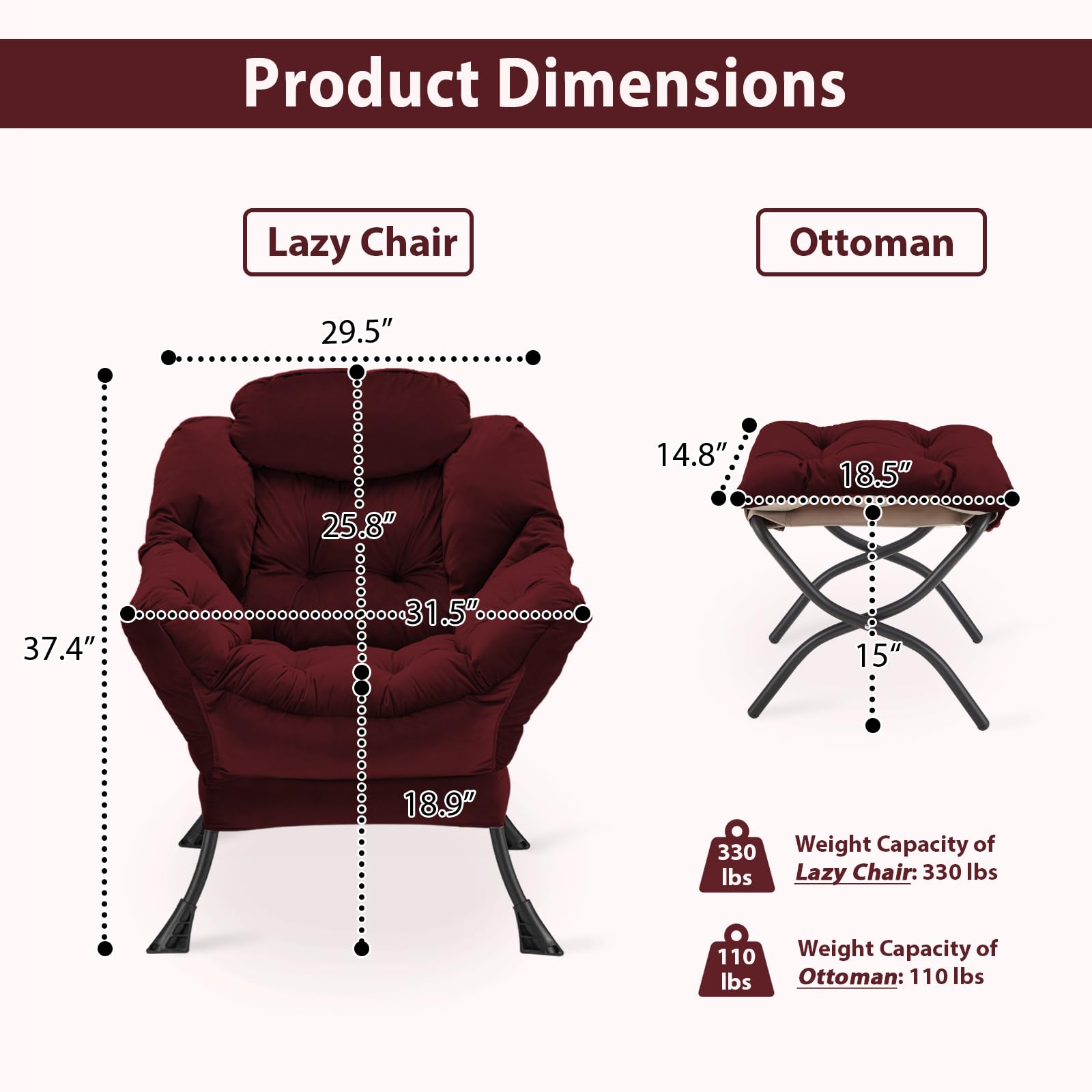 Velvet Upholstered Lazy Chair with Folding Ottoman - Modern Accent Armchair with Metal Frame, Non-Slip Pads & Side Storage Pocket - Comfortable Footrest Sofa for Living Room, Bedroom, Office & Dorm - Burgundy