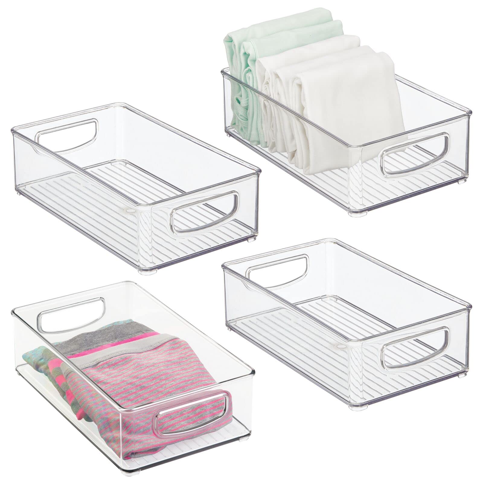 mDesign Small Plastic Storage Organizer Bin - 4 Pack Clear Ligne Collection | Closet, Bedroom, Hallway & Entryway Organization for Clothes, Blankets, Toys & Accessories | Perfect for Home, Office & Kids Room Storage Solutions