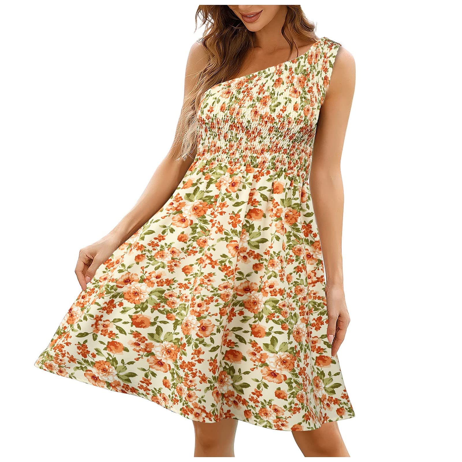 Floral Print Sexy One Shoulder Summer Beach Dress for Women - Knee Length Bohemian Strapless Dress | Perfect for Vacations, Pool Parties & Date Nights