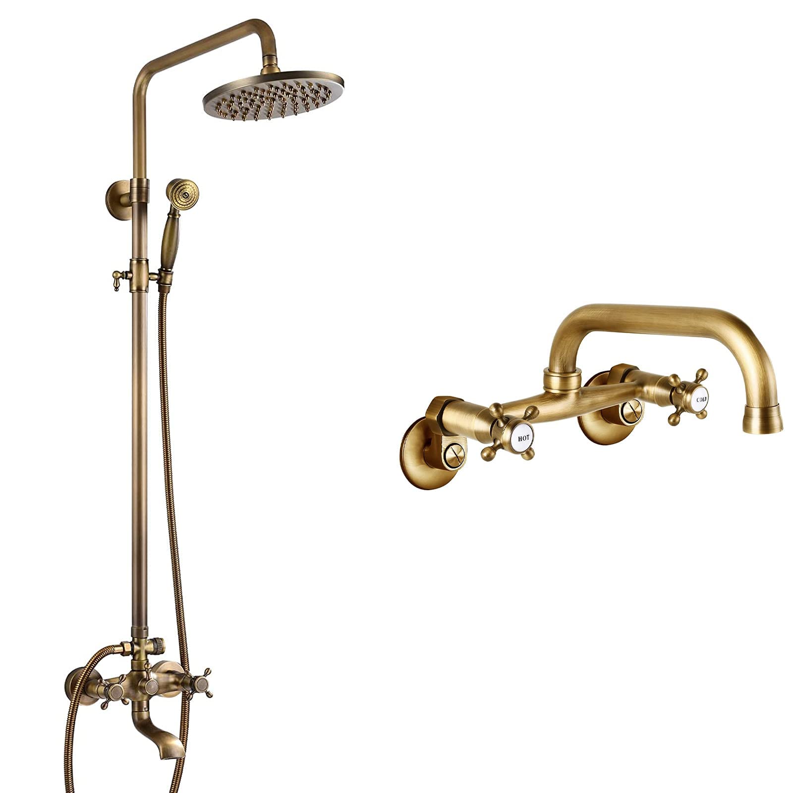 Vintage Brass Shower Fixture - 8-Inch Adjustable Handheld Spray with 2 Knobs, Triple Function Faucet for Bathroom | Victorian Style 6-Inch Center Kitchen Sink Taps with 2 Cross Knobs & 9-Inch Spout | Perfect for Commercial & Residential Bathroom Renovations, Hotel Upgrades & Vintage Home Decor