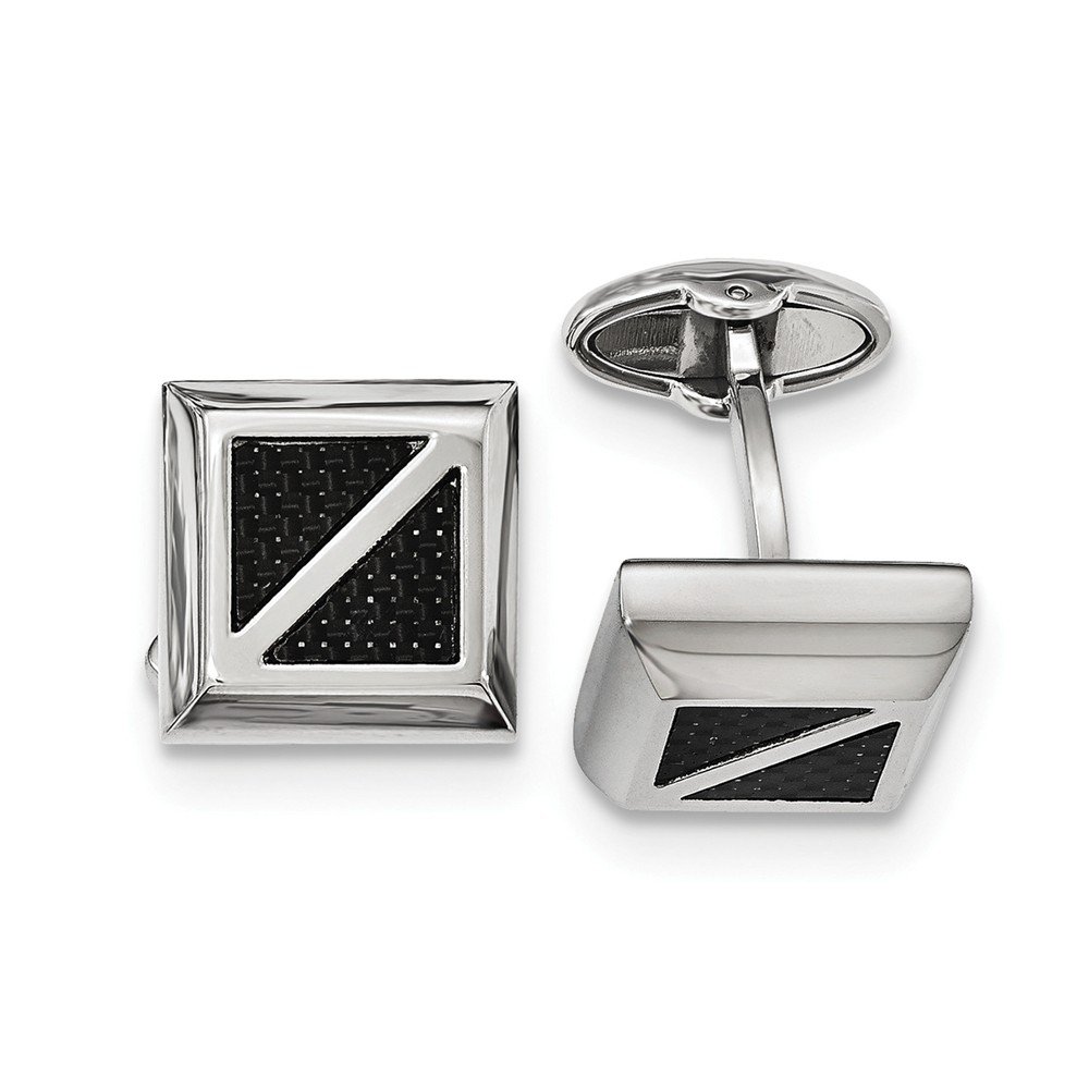 Premium Stainless Steel Square Cufflinks with Black Carbon Fiber Inlay - Polished Finish for Men's Formal Wear, Business Attire & Special Occasions