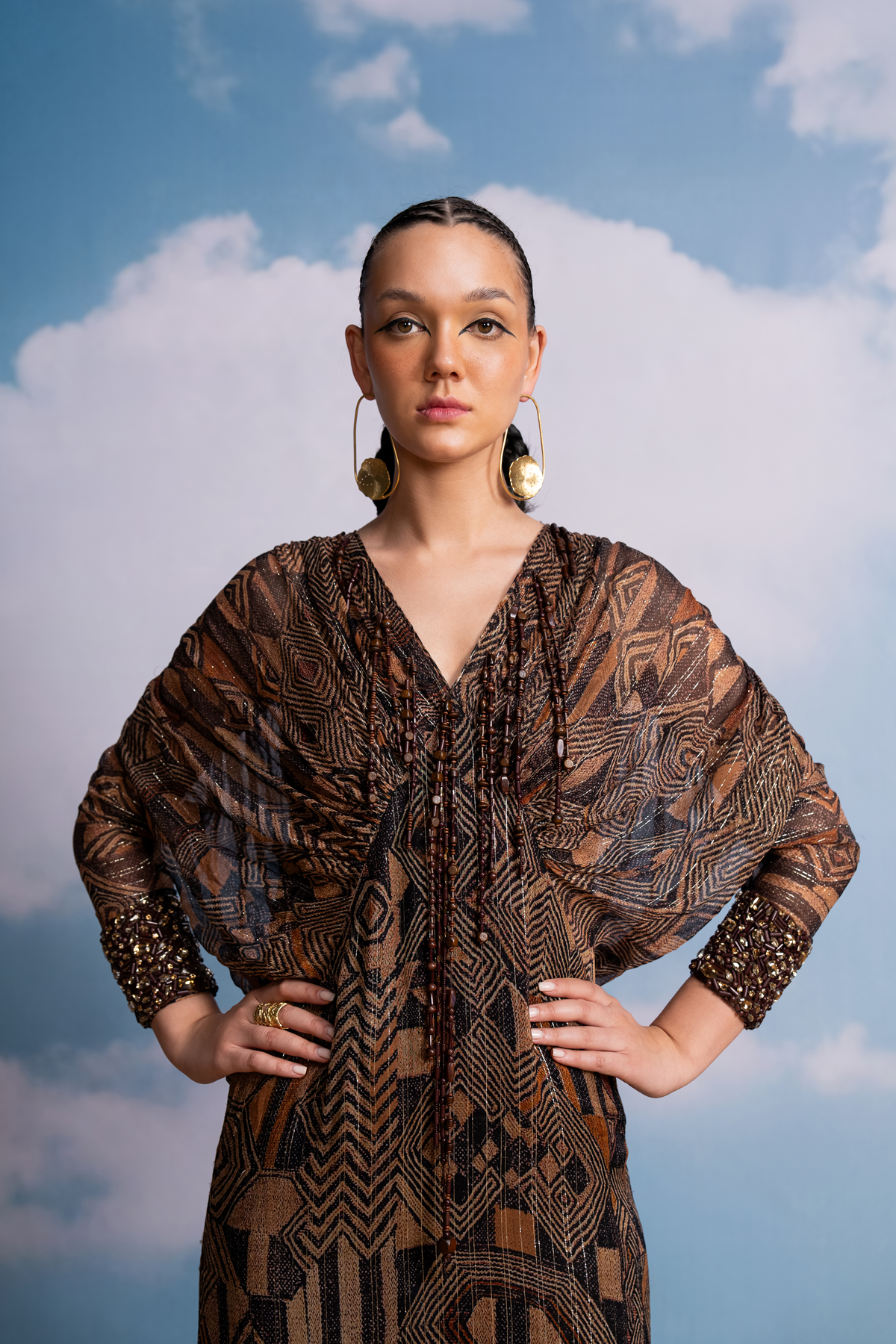 Elegant Brown Geometric Kimono Dress with Handmade Tassels & Embroidered Cuffs | Boho Chic Women's Fashion for Casual Wear, Beach Cover-Up & Special Occasions