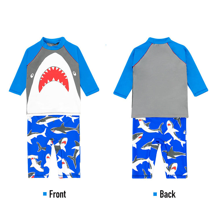 **Boys' Big Mouth Shark Swimwear Set - Long Sleeve Rash Guard Top & Swim Shorts with Free Cap (908030) - Perfect for Beach, Pool & Summer Water Activities**