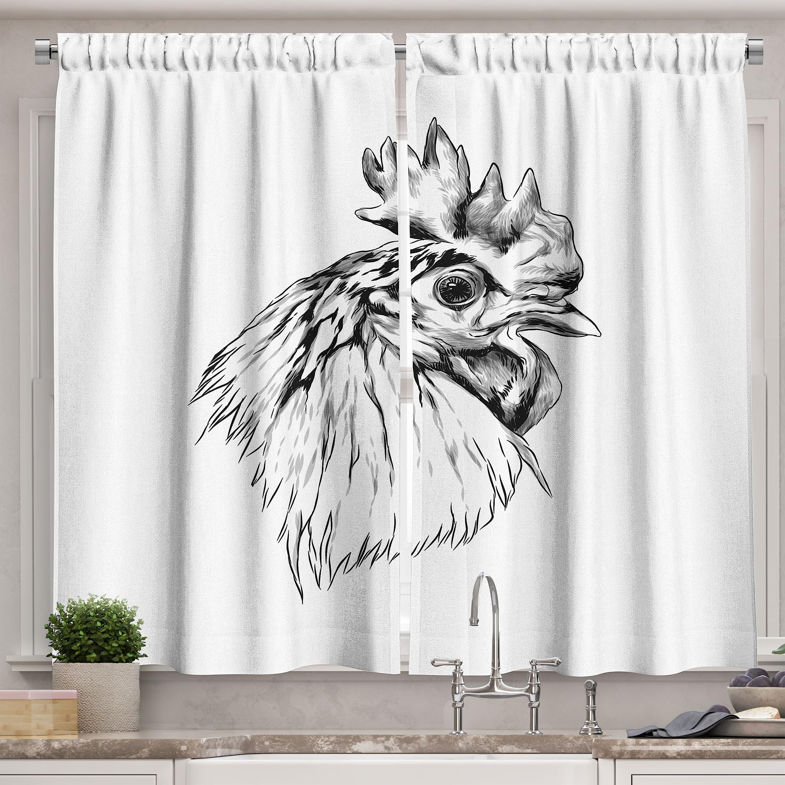 Ambesonne Farm Animal Kitchen Curtains - Rooster Head Portrait Print Window Drapes, 2 Panel Set for Kitchen & Cafe Decor, 55