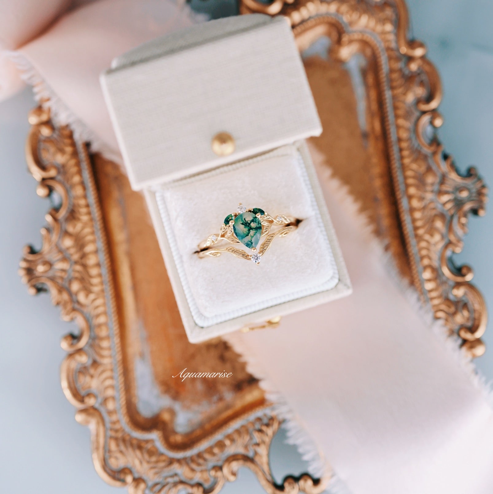 14K Solid Yellow Gold Green Moss Agate Feather Ring Set for Women - Elegant Nature-Inspired Jewelry for Everyday Wear, Gift Giving & Special Occasions