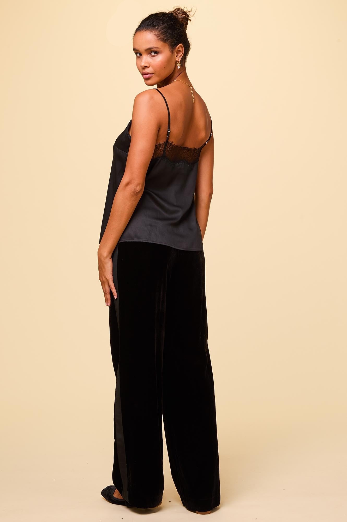 Velvet Side Stripe Trousers for Women - High Waist Black Dress Pants with Elastic Waistband | Elegant Office Work Pants & Night Out Bottoms