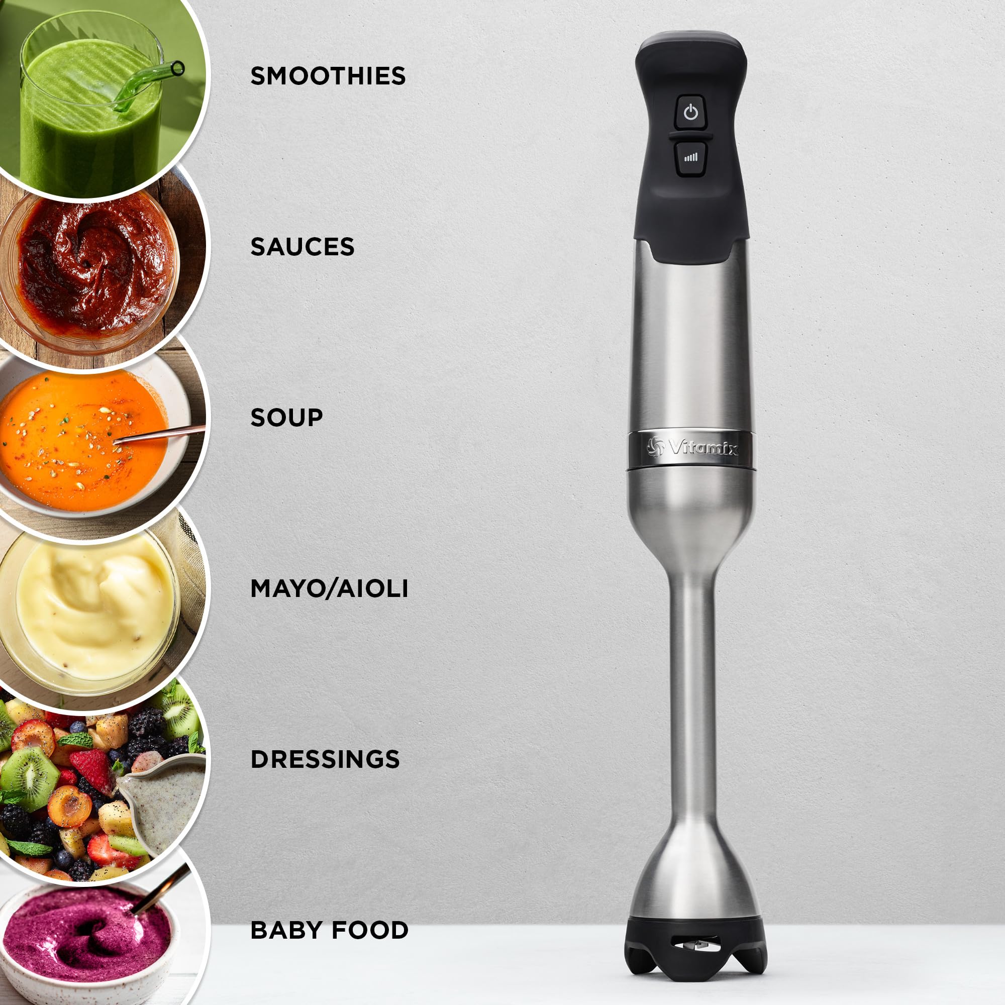 Vitamix 5-Speed Hand Blender with 625-Watt Powerful Motor - One-Handed Operation, 5 ft Long Cord, Stainless Steel & Black Design - Perfect for Smoothies, Soups, Sauces, and Baby Food at Home