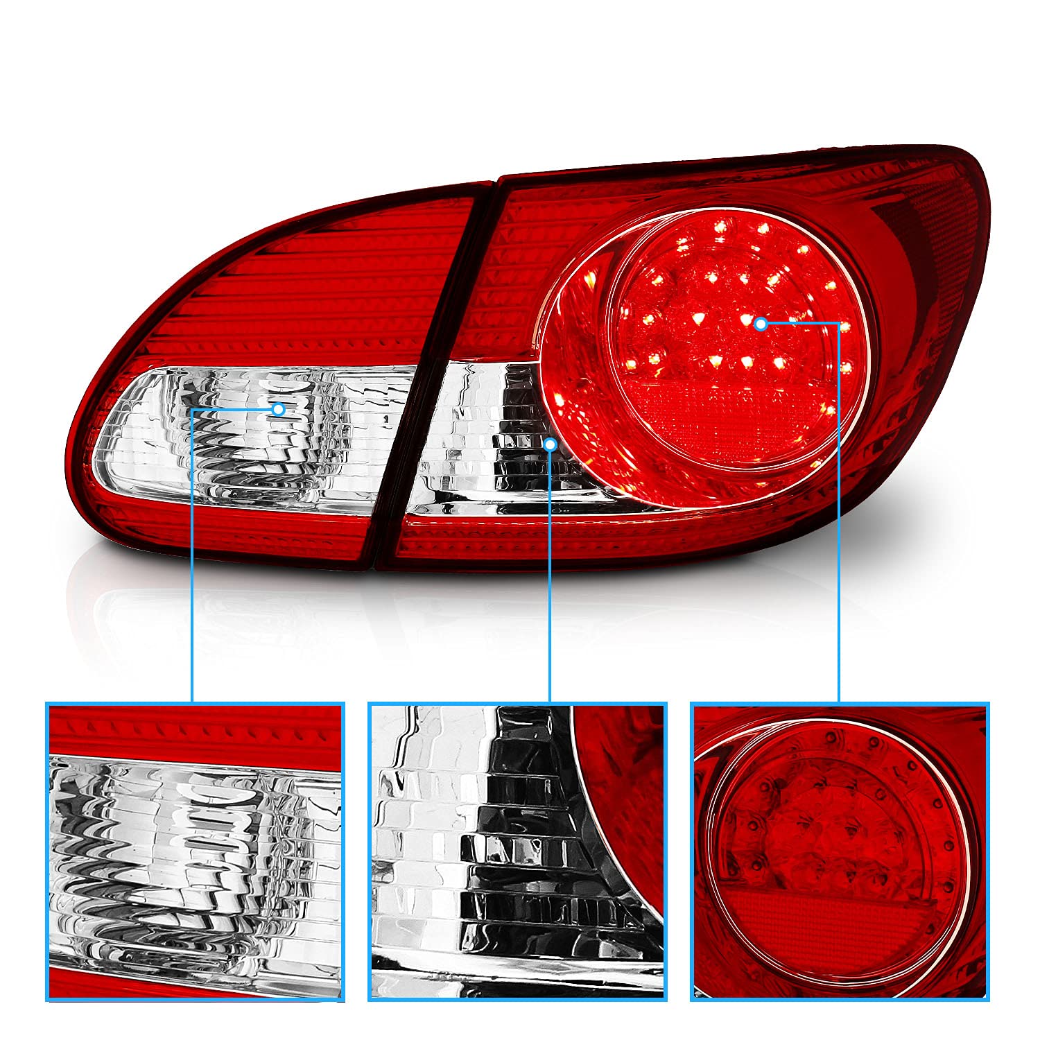 AmeriLite LED Taillights Red/Clear - 4 Piece Set for Toyota Corolla (Driver & Passenger Side) | Durable Replacement Lights for Night Driving & Enhanced Safety