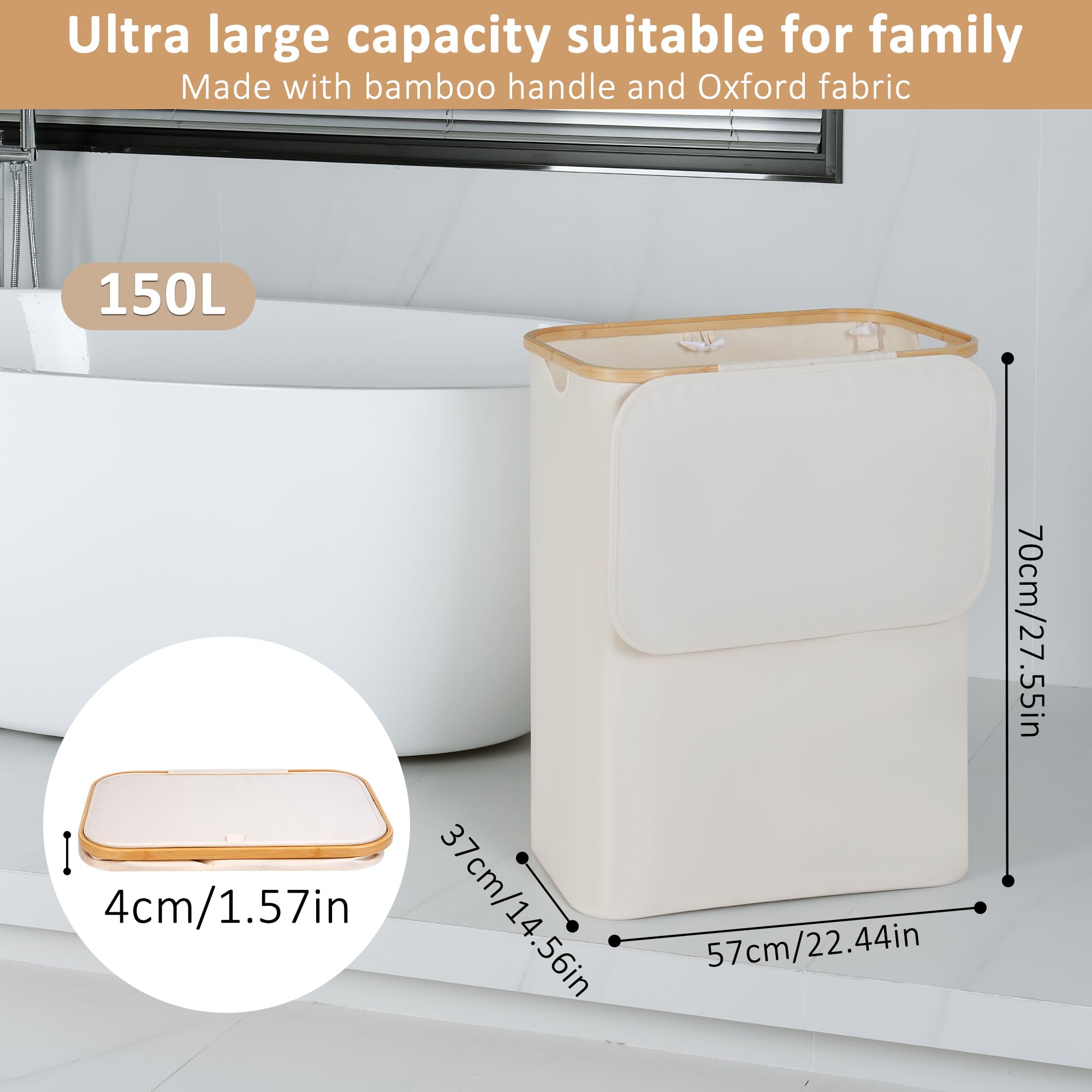 150L Large Laundry Basket with Lid & Bamboo Handle - Collapsible Clothes Hamper Organizer with Removable Inner Bag for Laundry, Toys, Towels Storage - Perfect for Bedroom, Bathroom & Nursery - Beige