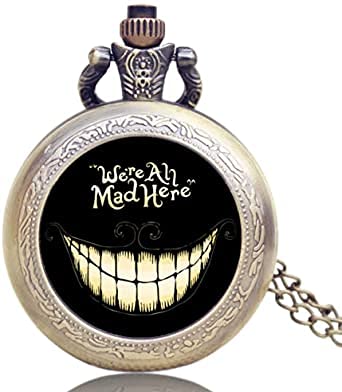Vintage Bronze Alice in Wonderland Pocket Watch Necklace - Quartz Movement Women's Pocket Watch - Perfect for Steampunk Costumes, Victorian Outfits & Unique Gifts
