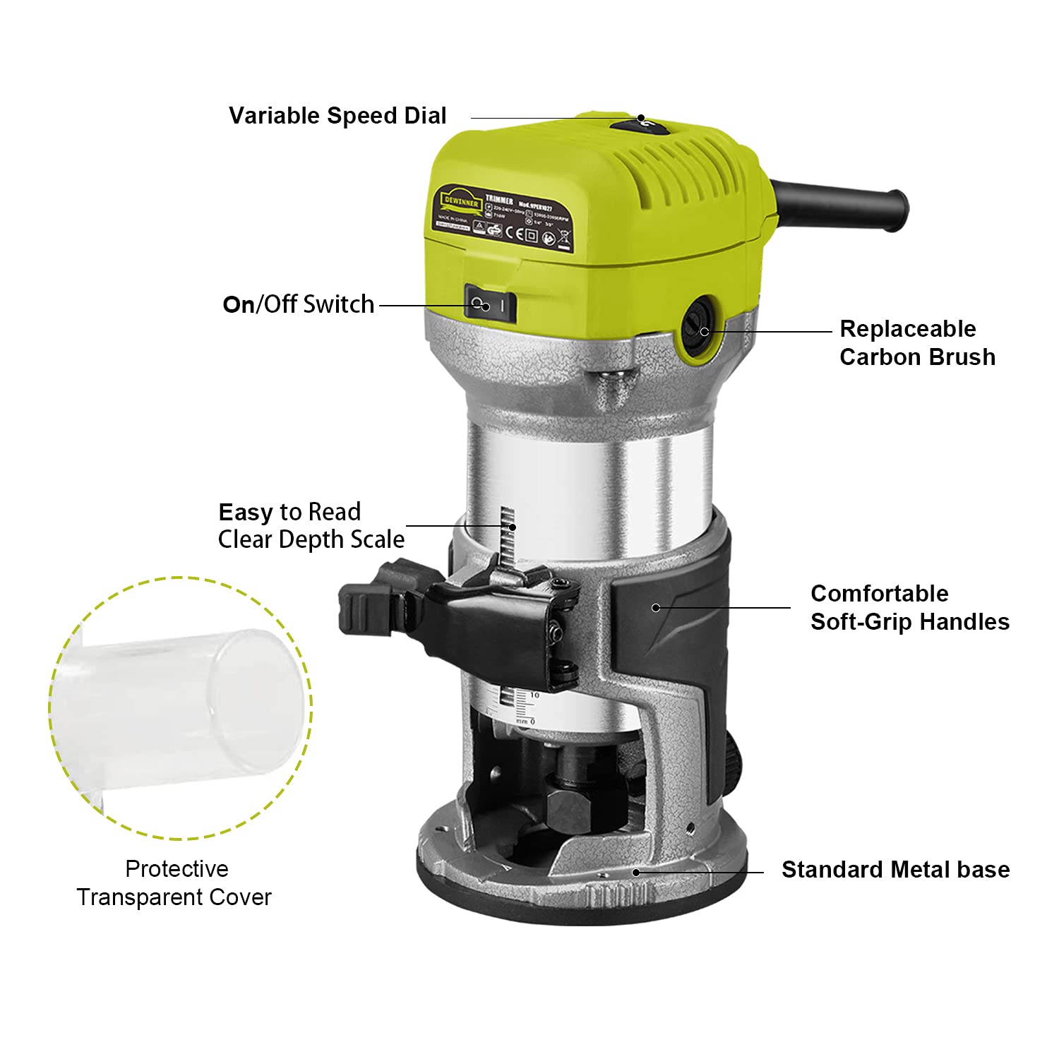 DEWINNER 710W Electric Wood Router Tool, 13000-33000 RPM Variable Speed with 6 Adjustments - Includes 3 Clamps & 5 Router Bits for Woodworking, DIY Projects, Cabinet Making, and Furniture Crafting