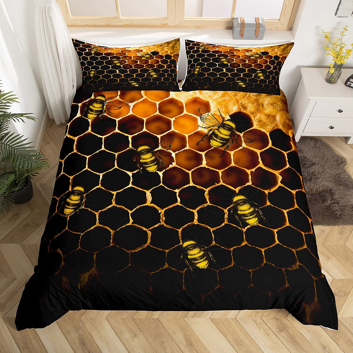 **Honeycomb Bedding Set Twin Size - Bee Themed Duvet Cover with Pillowcase for Kids, Boys & Girls - Hexagonal Honeycomb Beehive Geometric Pattern in Orange, Yellow & Black - Perfect for Nursery, Kids' Room & Dorm Decor**