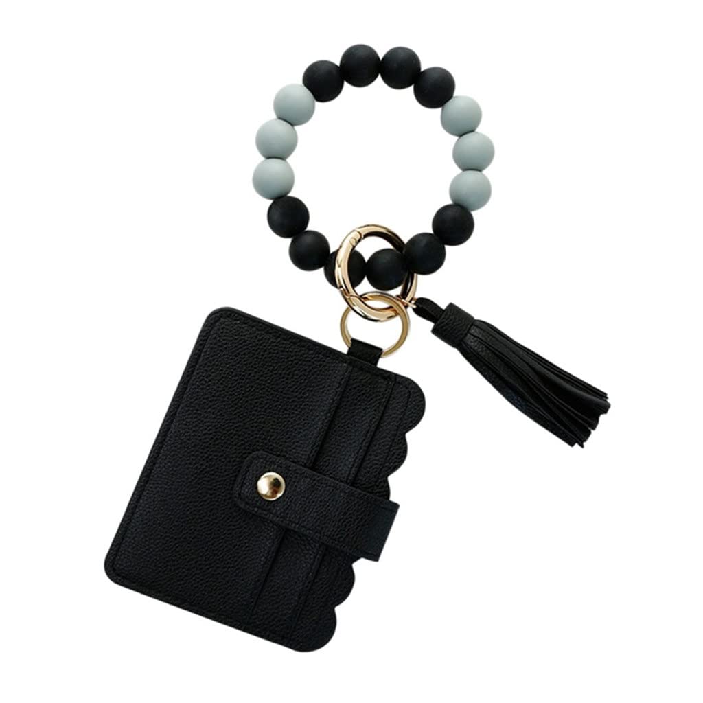 YFQHDD Women's Silicone Wristlet Keychain Bracelet - Credit Card Holder Wallet with Beaded Tassel & Key Ring (One Size, Color E) | Perfect for Everyday Use, Travel, and Gift Giving