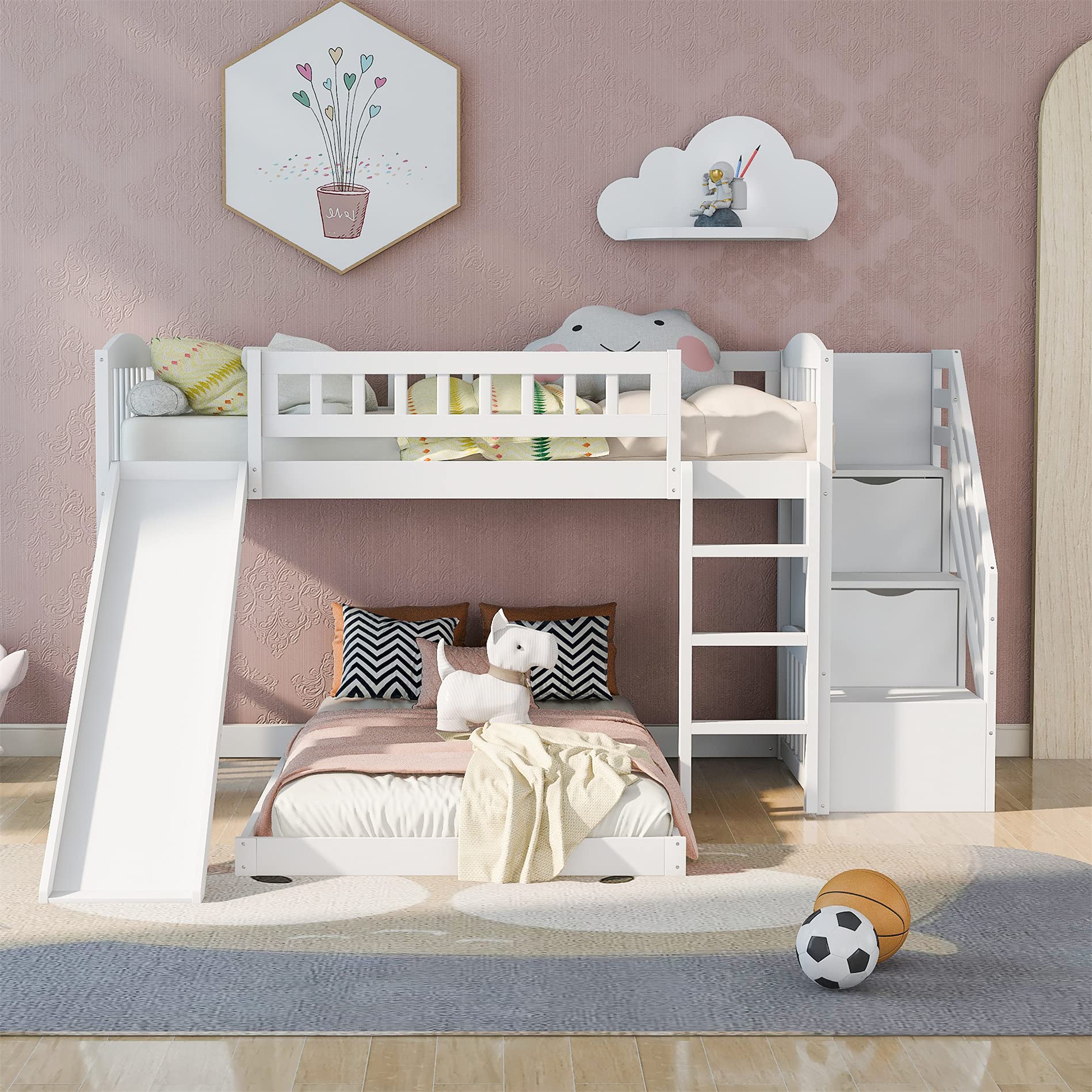 Harper & Bright Designs Twin Over Twin Bunk Bed with Slide, Stairs & Storage Drawers - Solid Wood Low Bunk Bed with Guardrails for Kids & Teens - Space-Saving Bedroom Furniture for Small Rooms, Sleepovers & Guest Rooms (White, No Box Spring Needed)
