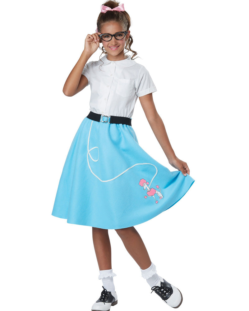 Vintage 1950s Blue Poodle Skirt Costume for Girls - Retro Rockabilly Dance Outfit for Halloween, Sock Hop Parties & 50s Themed Events